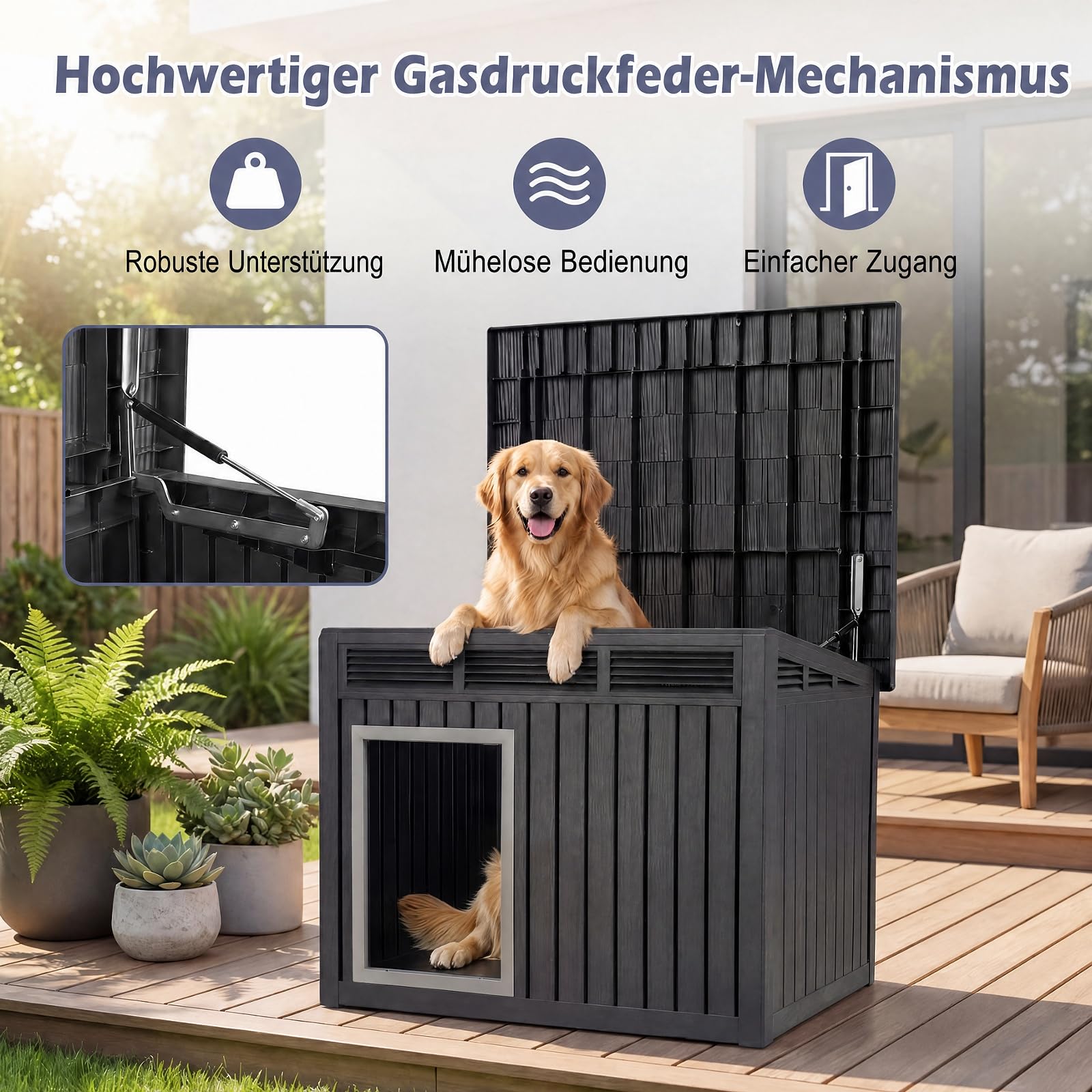 DREAMADE Hundehütte Outdoor, Hundehaus wetterfest | mit aufklappbarem Schrägdach, Gasdruckfedern Belüftungsöffnungen & Ablauflöchern, Hunde Hütte für kleine & mittelgroße Hunde