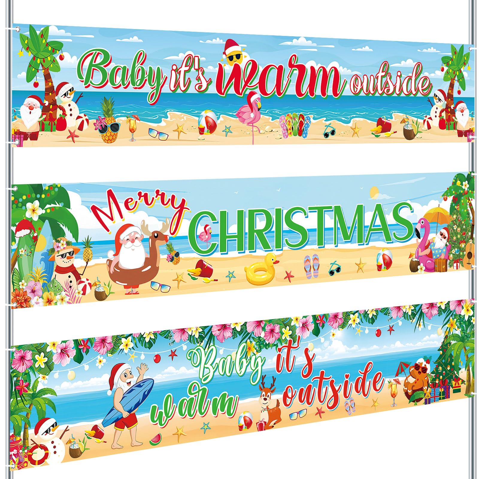 Remagr 3 Pcs Summer Christmas Banner Decorations 98 x 18 Inch Baby It's Warm Outside Banner July Santa Beach Snowman Santa for Christmas Hawaiian Luau Party Decorations