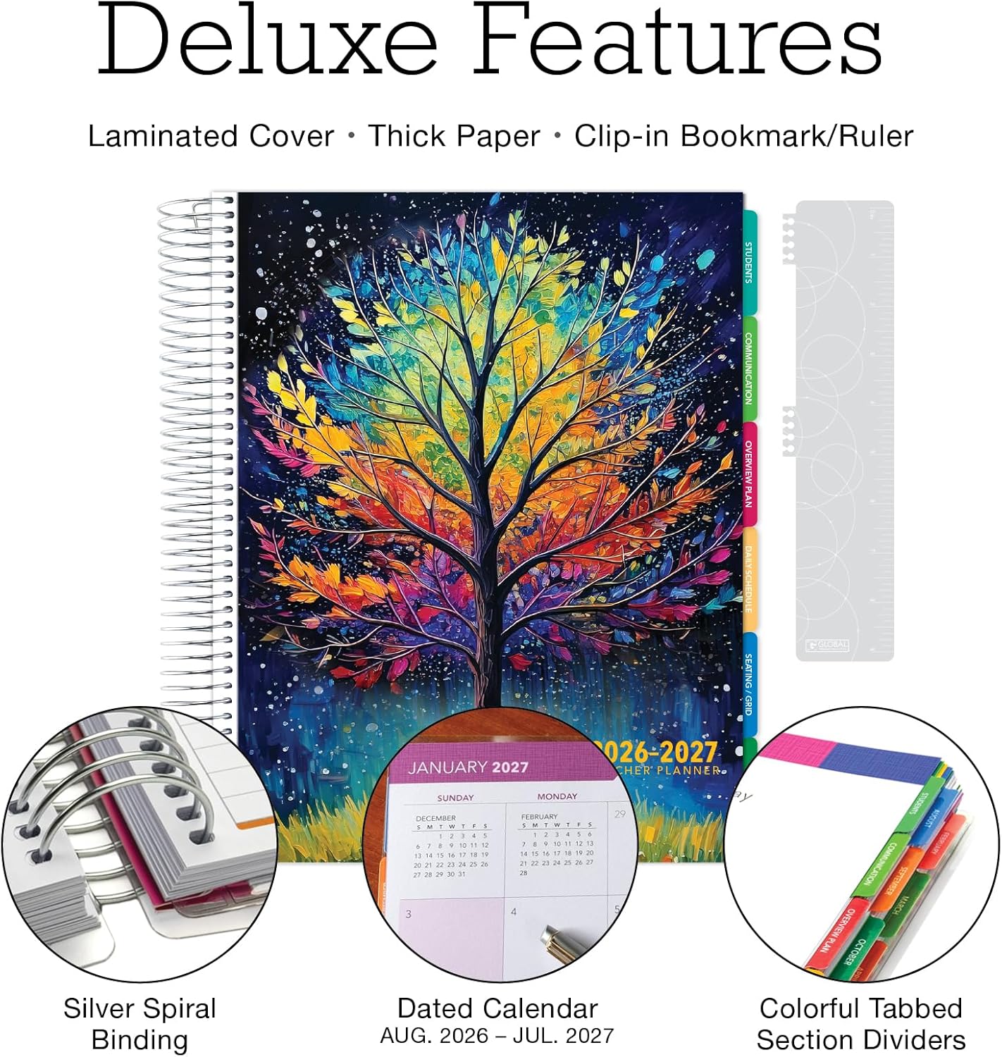 DELUXE TEACHER PLANNER Aug 2026-Jul 2027 8.5x11 Daily Weekly Monthly Organizers with 7 Periods, Pocket Folder, Dated Calendar, Page Tabs, Bookmark and Planning Stickers (Black Tree Seasons)