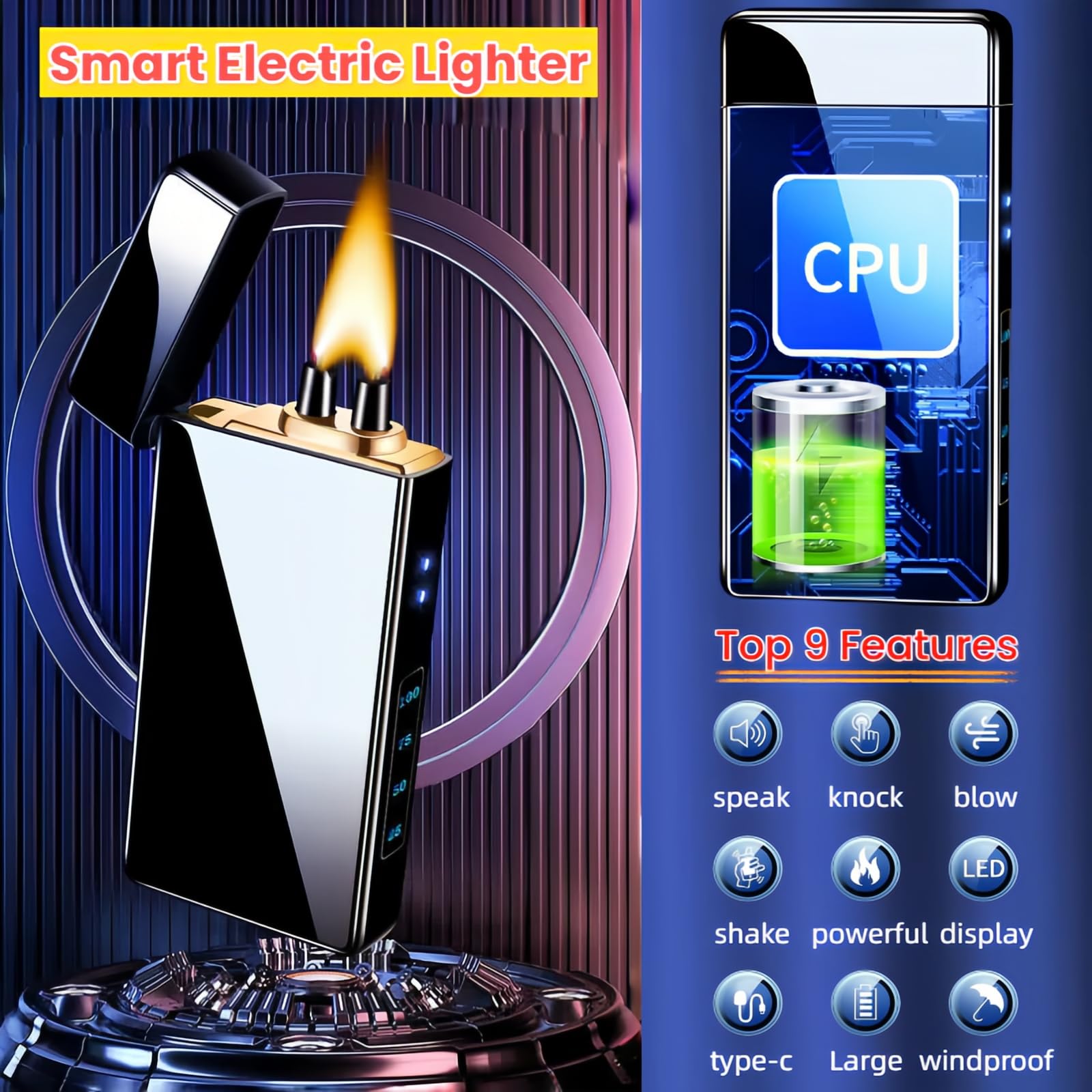 NINSI Smart Electric Lighter, High Power Pulse Plasma Arc Lighter with 4 Ignition Modes, Windproof Electronic Lighters, Rechargeable USB Lighters with Safety Lock (Silver Ice)