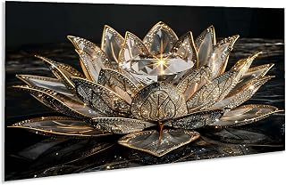 ELYESE Crystal Lotus Flower Tempered Glass Wall Art - Sparkling Gold UV Printed Decor for Living Room, Bedroom, Meditation Space