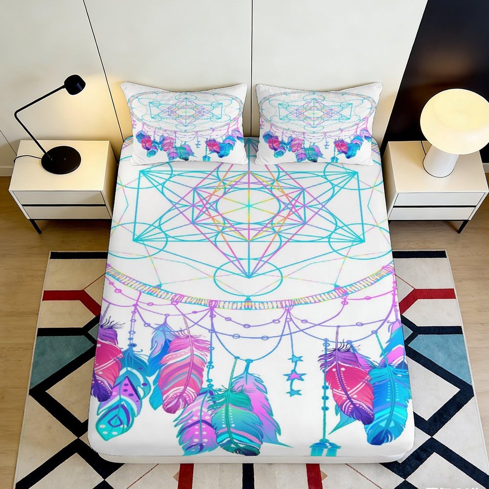3D Printed Dreamcatcher Fitted Sheet Microfiber Soft Pastel Feather Mattress Cover for Bedroom Dorm Decorative Protection 90x200x25cm