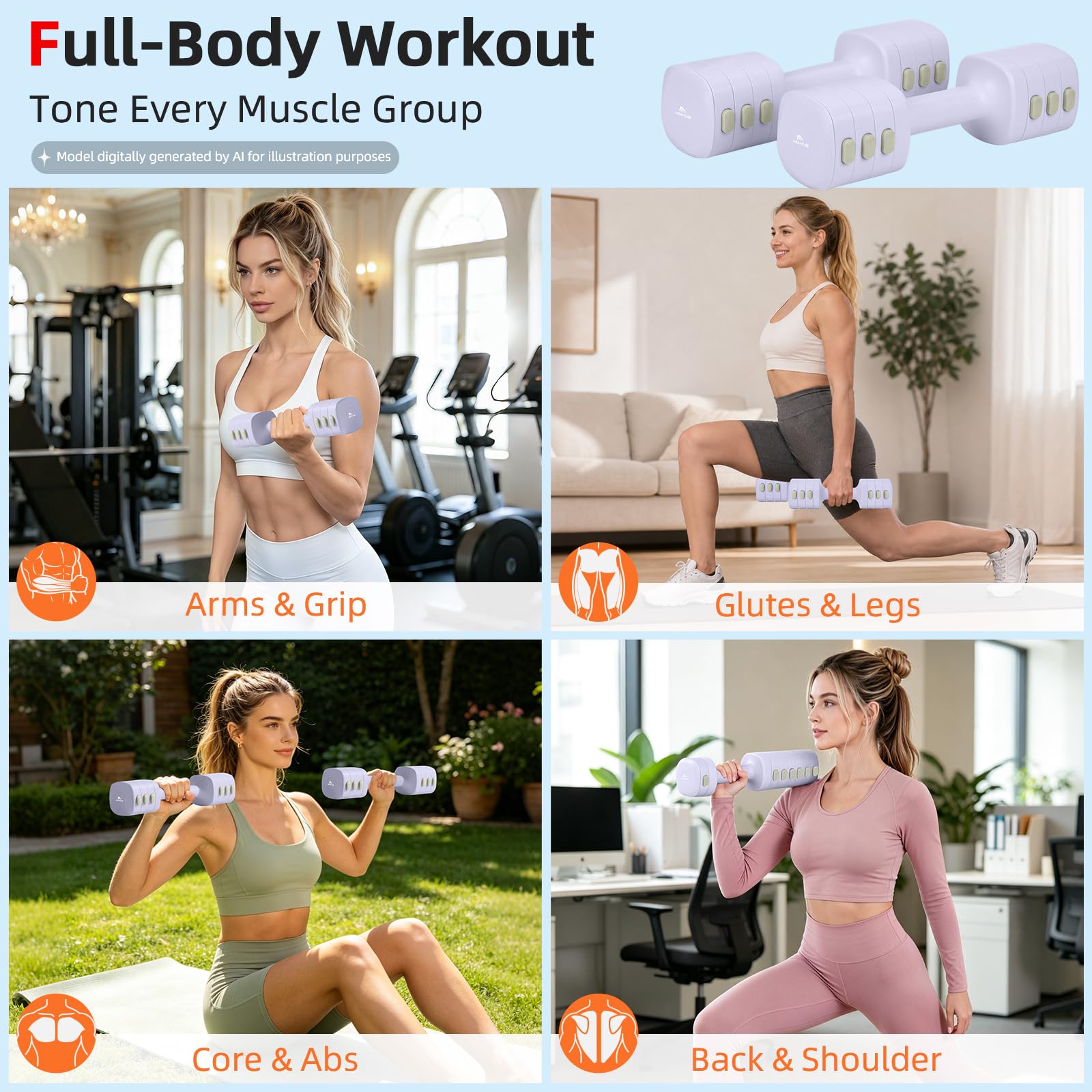 Abahub Zestaw hantli regulowanych, 2,5 kg x 2 pary, hantle fitness, pilates, damskie | 4 w 1 regulowane hantle, ciężarki do siłowni, hantle do codziennego treningu, hantle z szybką regulacją wagi, lila