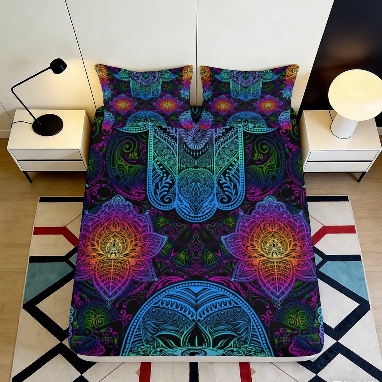 3D Printed Mandala Lotus Fitted Sheet Microfiber Soft Vibrant Rainbow Boho Mattress Cover for Bedroom Dorm Decor 90x200x25cm
