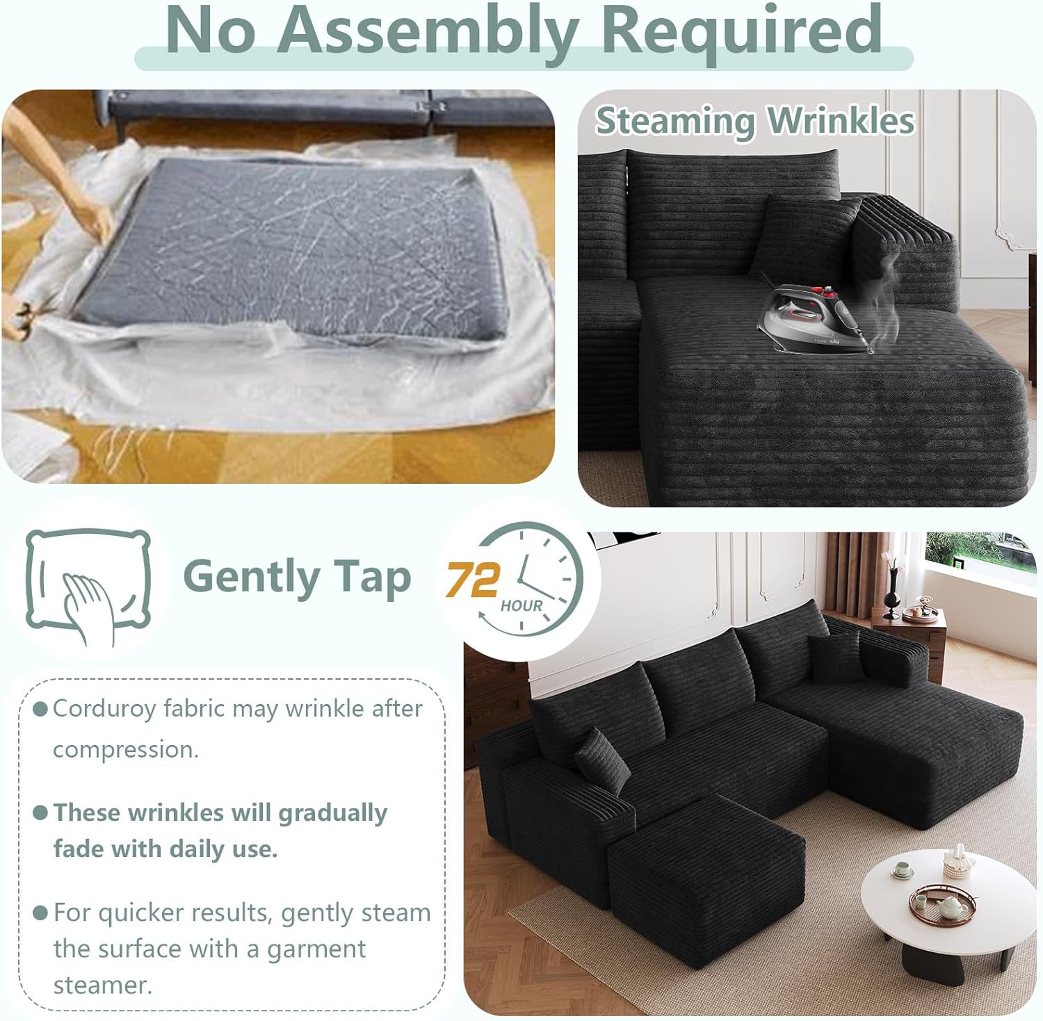 95" Modular Sectional Sofa with Ottoman, Modern Corduroy Cloud Couch with Deep Seat, Boneless Couch Upholstered 3-Seater U-Shaped Sofa for Living Room, No Assembly (Black,Right-Facing Chaise)