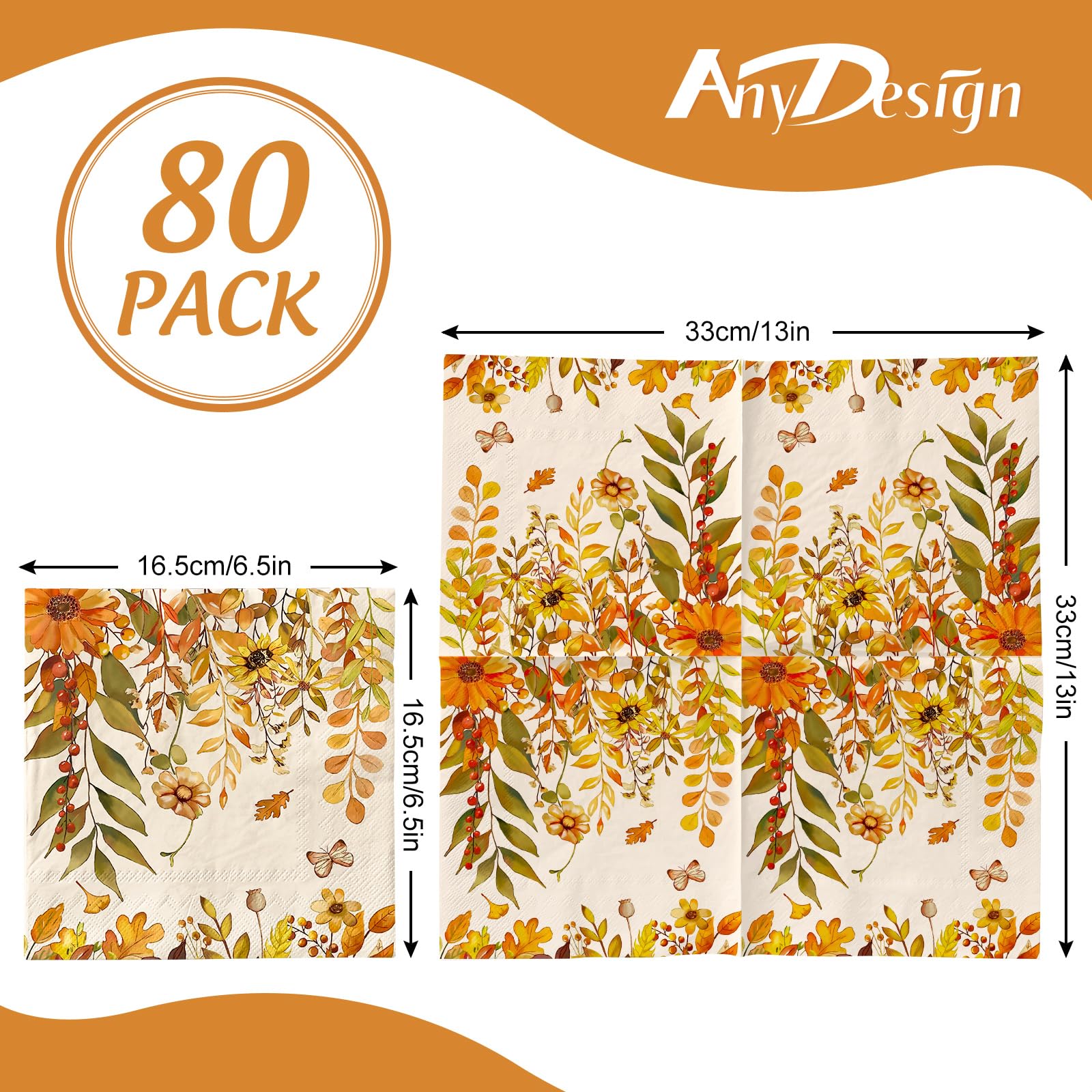 AnyDesign 80Pcs Fall Paper Napkins Watercolor Autumn Leaves Flower Butterfly Luncheon Napkins Decorative Dessert Dinner Hand Napkin for Thanksgiving Wedding Birthday Party Supplies, 6.5 x 6.5 Inch