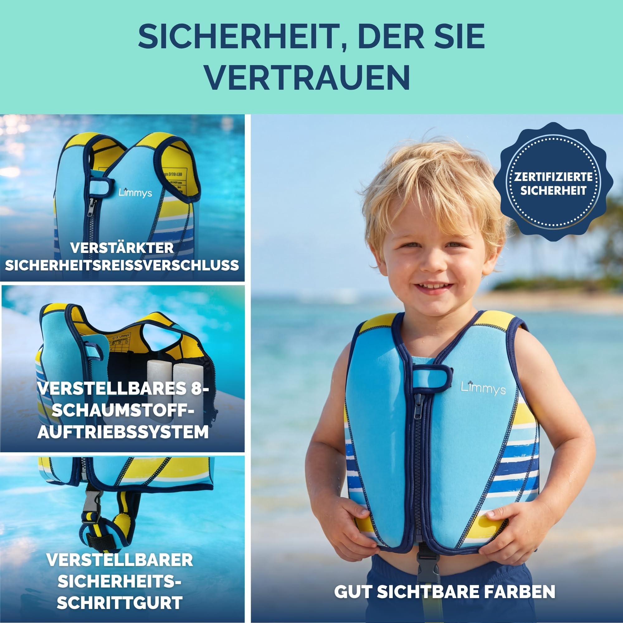 Limmys Schwimmweste für Kinder – Schwimmhilfe mit verstellbarem Auftrieb, Neopren, Testsieger