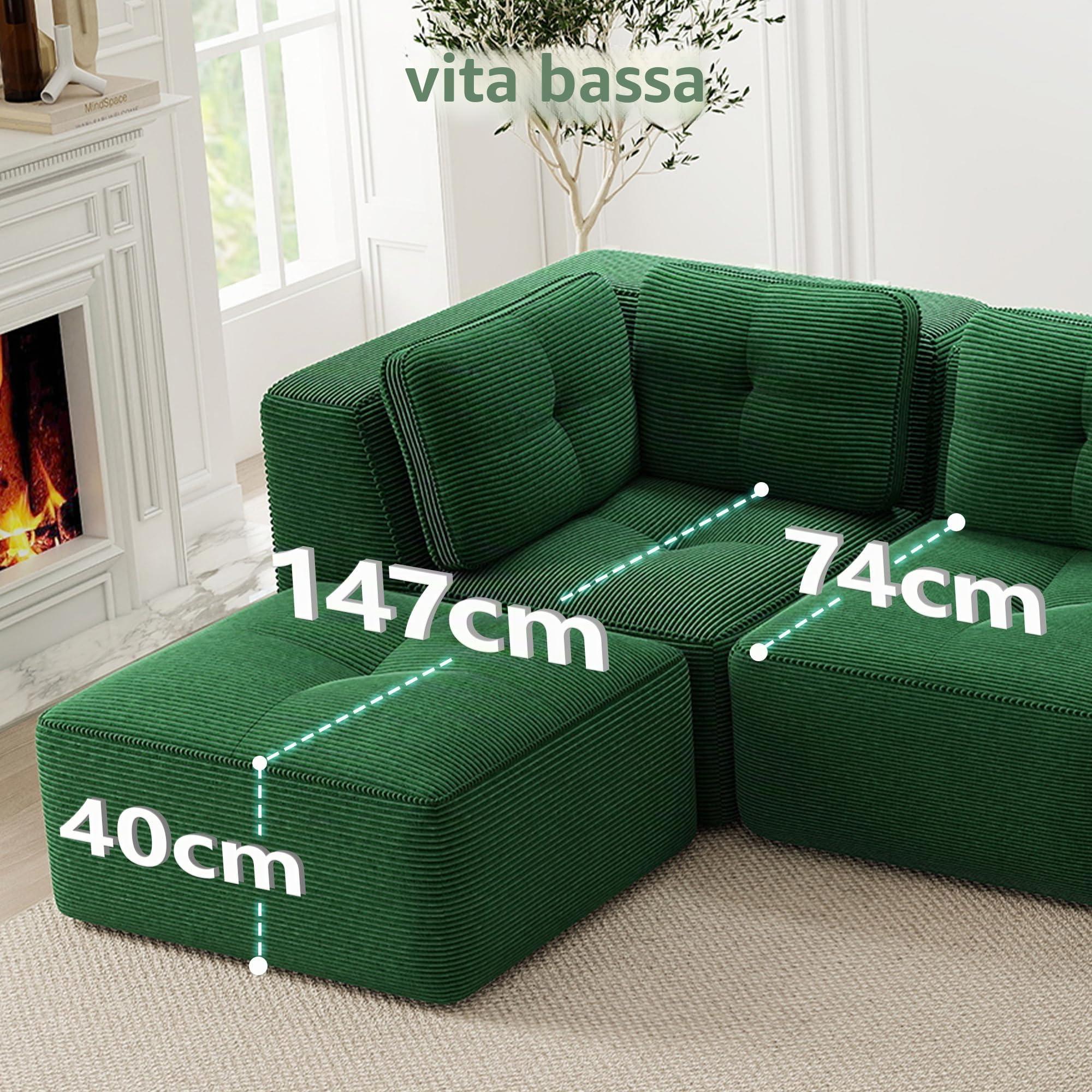 Bladez Divano angolare modulare a forma di L - Divano moderno a 3 posti in velluto a coste con poggiapiedi, sedile basso, senza montaggio, divano compresso, per soggiorno (verde, 3C)