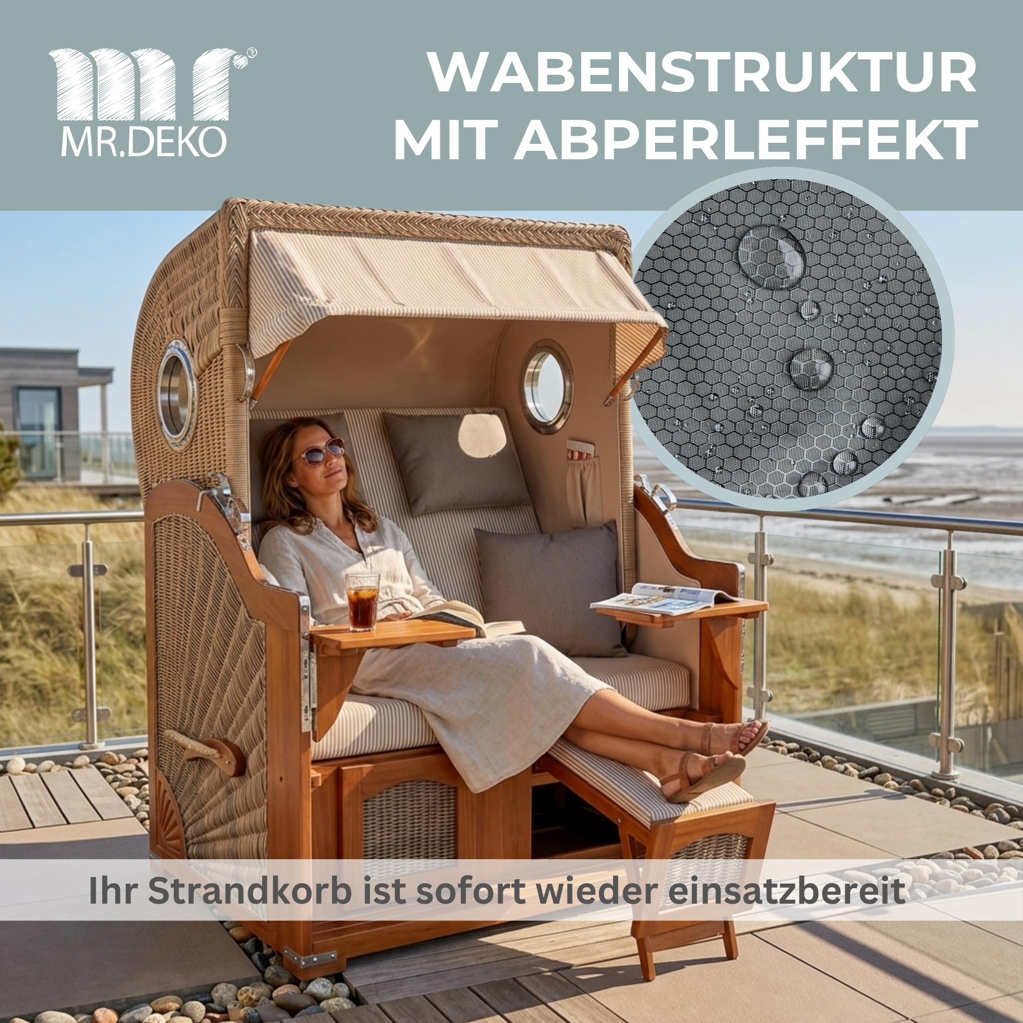 MR. DEKO Aero Protect - Funda protectora para sillón de playa, color gris oscuro, tamaño M, 120 x 80 x 160 cm (ancho x profundidad x alto), para sillones de playa de 2 plazas, transpirable y