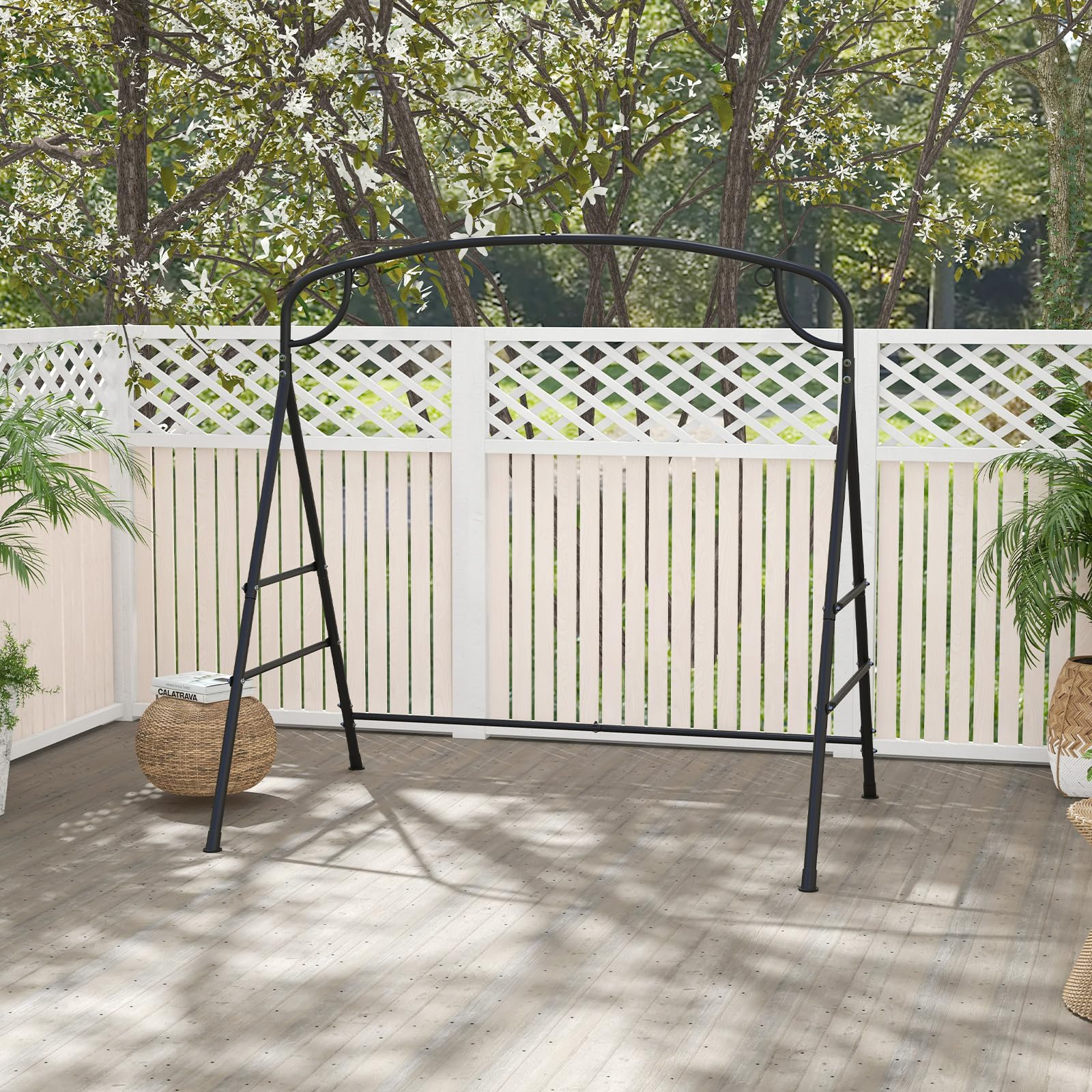 KOMFOTTEU Soporte para Columpio de Metal, Marco para Balancín de Jardín en Forma A, Estructura para Banco Colgante con Carga de 300 kg, Marco con 2 Anillos para Balcón, Porche, 180 x 133 x 182 cm