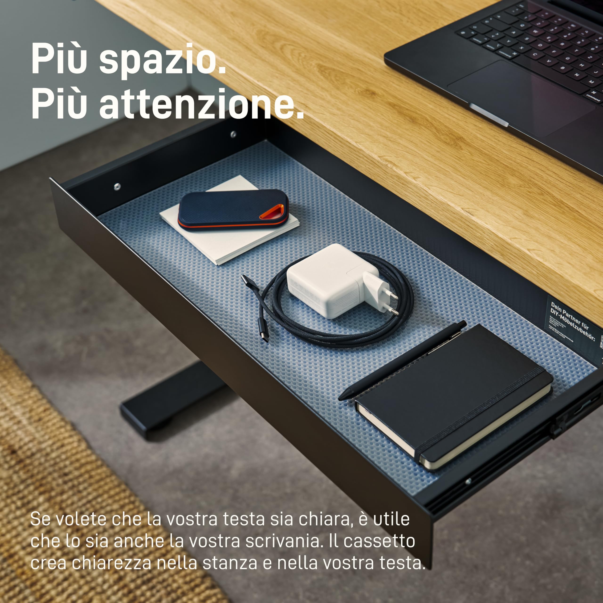Natural Goods Berlin EXPERT - Cassetto in metallo nero con tappetino antiscivolo – 55 x 25 x 5 cm – Sottomano cassetto cassetto cassetto scrivania Under Desk Drawer cassetto scrivania