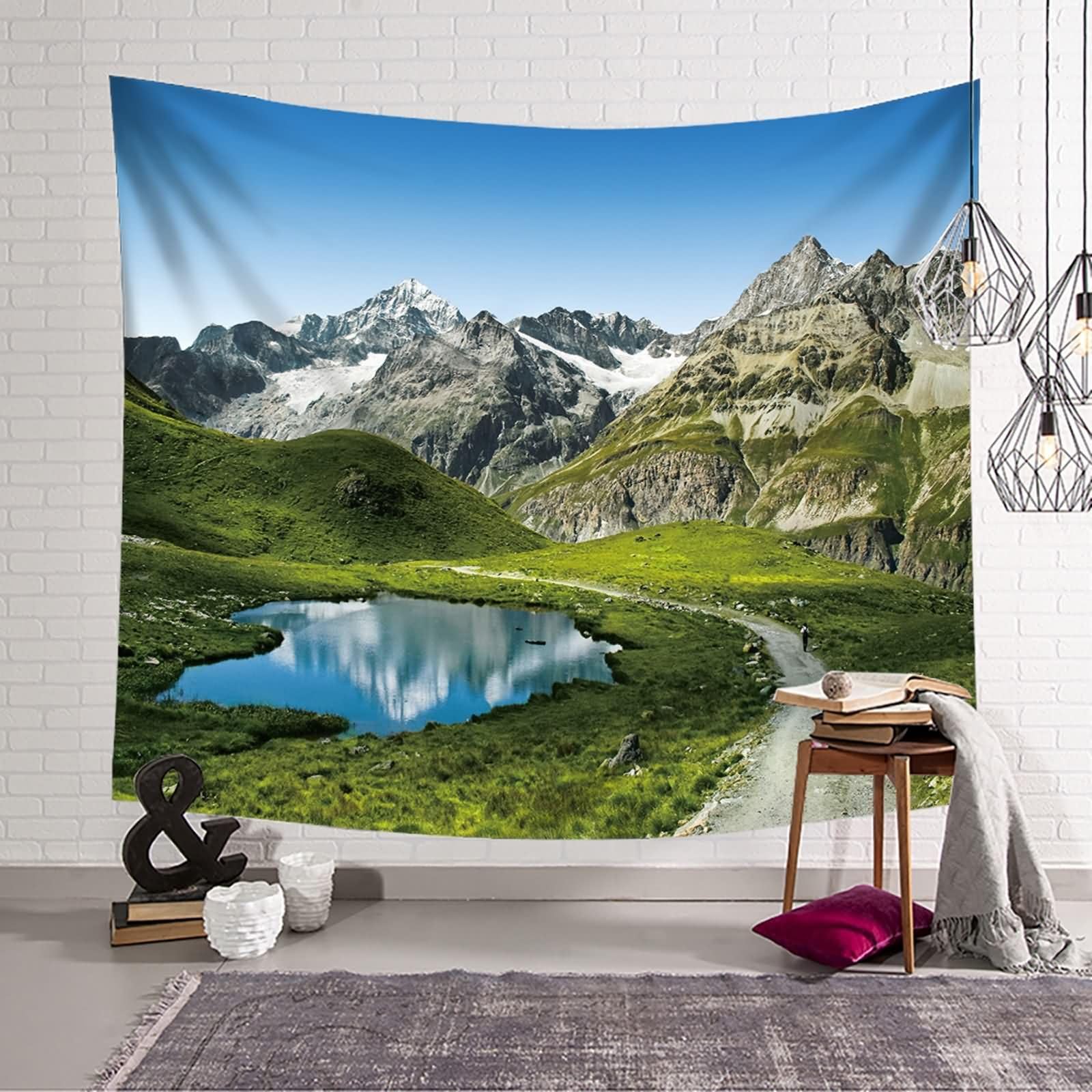 Homxi Wandteppiche Schlafzimmer Wanddeko 260 x 240 CM,Landschaft See und Berg Polyester Wandteppiche Wand Tuch Blau Grün