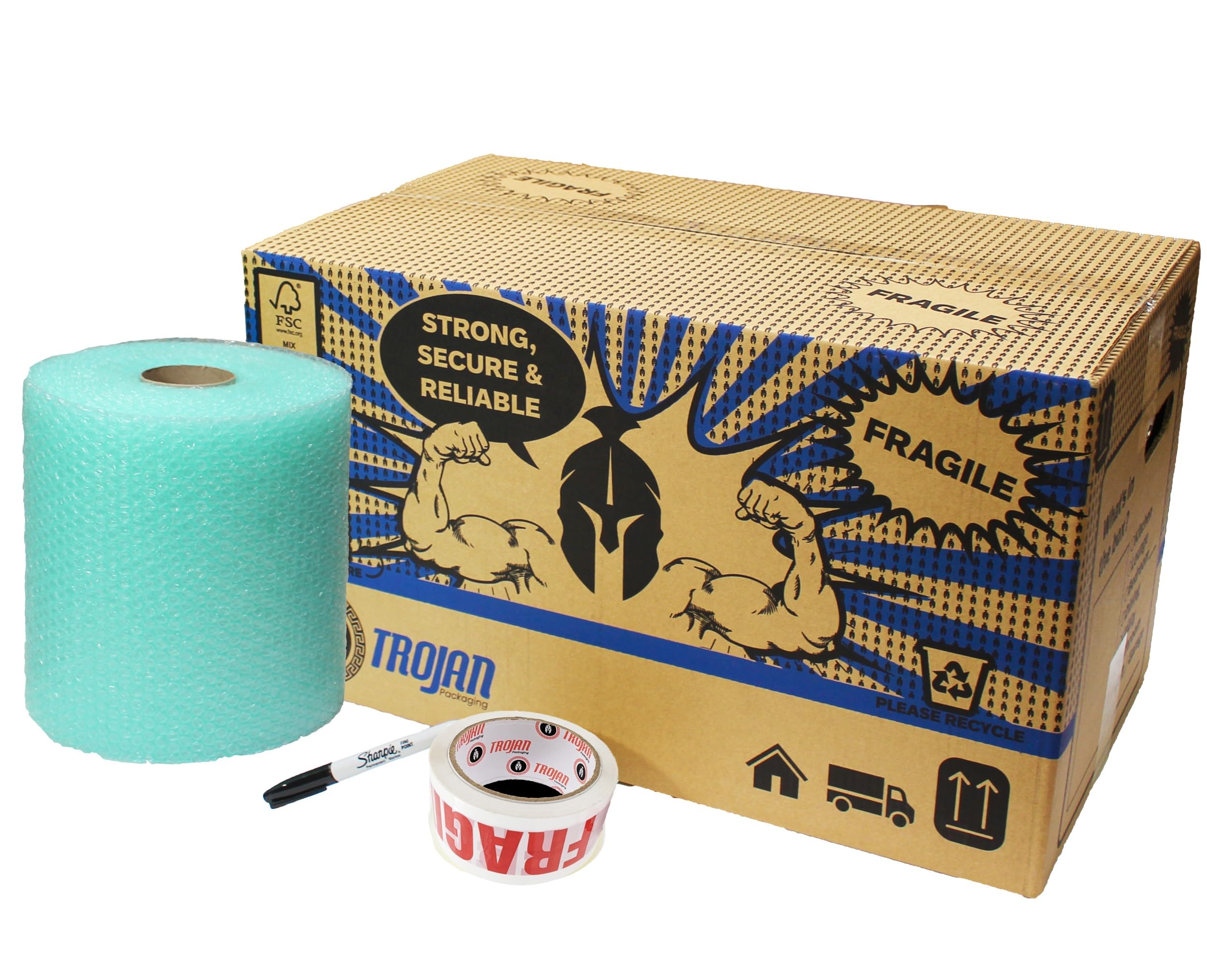 – Trojan Home Moving Kit Large - Contains 20 Strong Packing Boxes 51x29x29cm, Clear Packaging Tape, 25m of Green Bio Bubble Wrap and 1 Sharpie Pen - House Moving Essentials