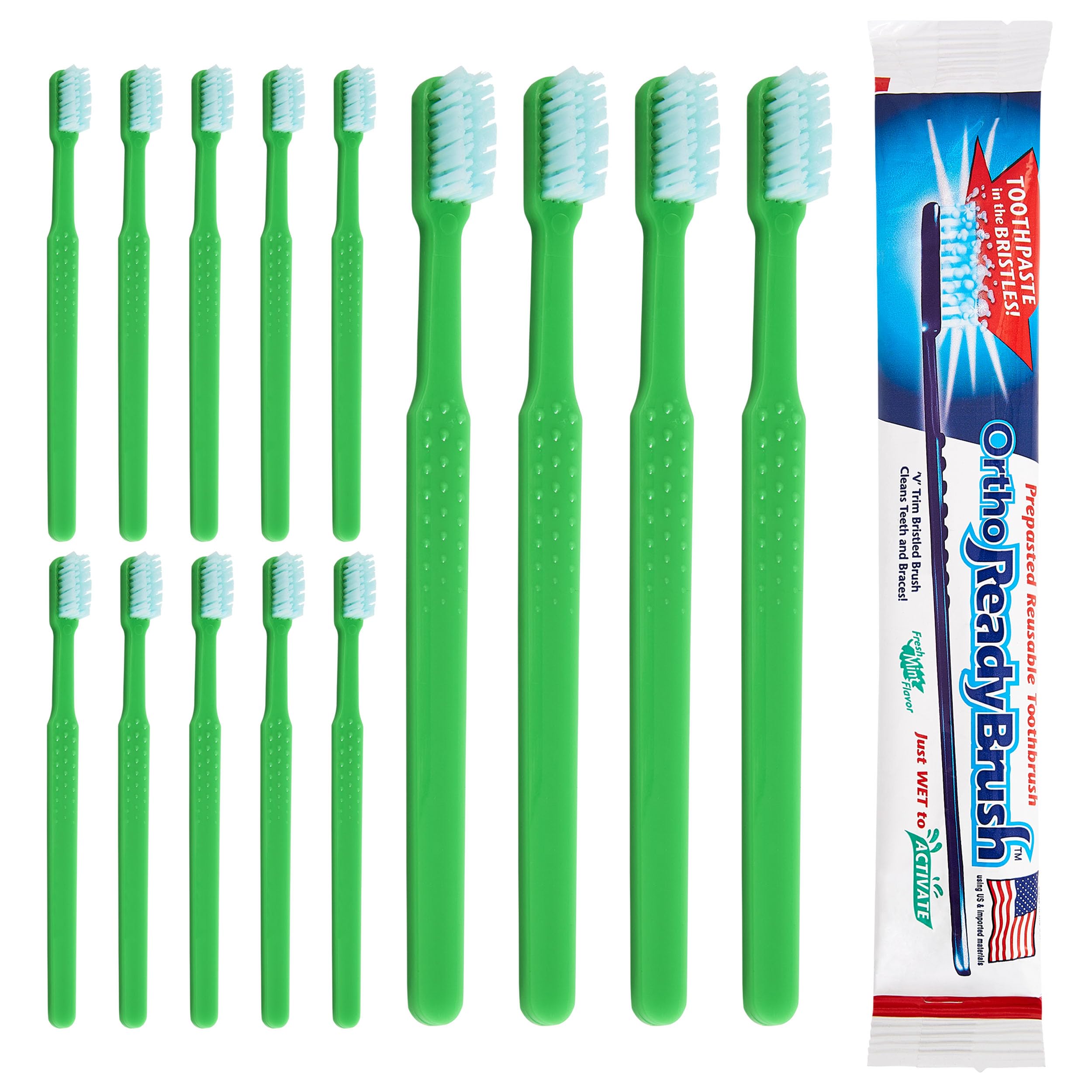 Ortho ReadyBrush Prepasted Individually Wrapped Toothbrush- Soft Orthodontic Gentle V-Trim Bristles for Braces, Gum Care - 144 Pack - Children or Adults Made in USA (144)