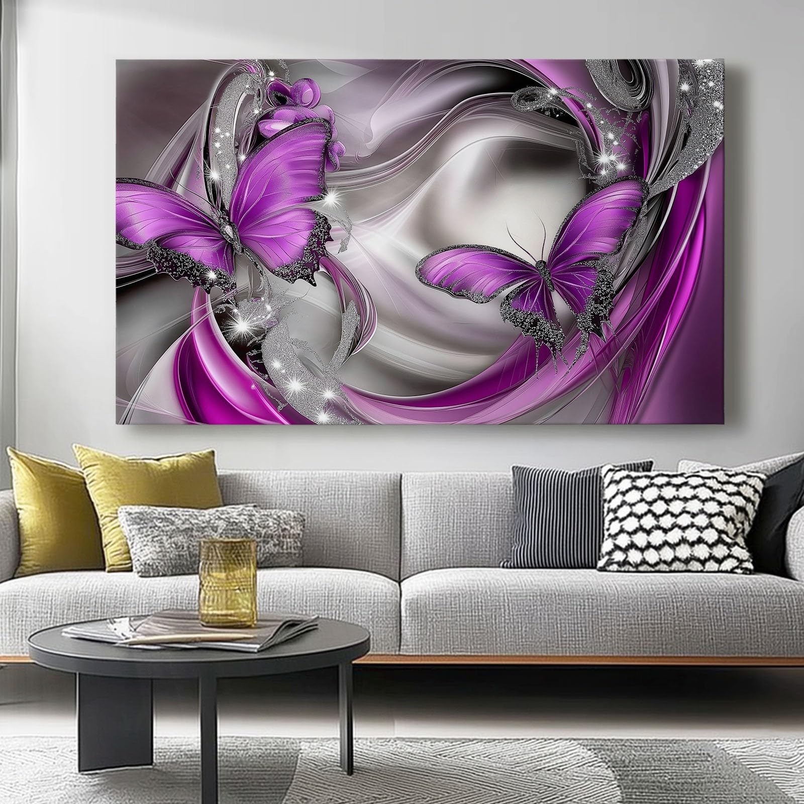Canvas Wall Art Butterfly Abstract Gorgeous Art for Living Room Decor Purple silver Canvas Prints Frameless Bedroom Office Home Decoration 46L x 31W cm