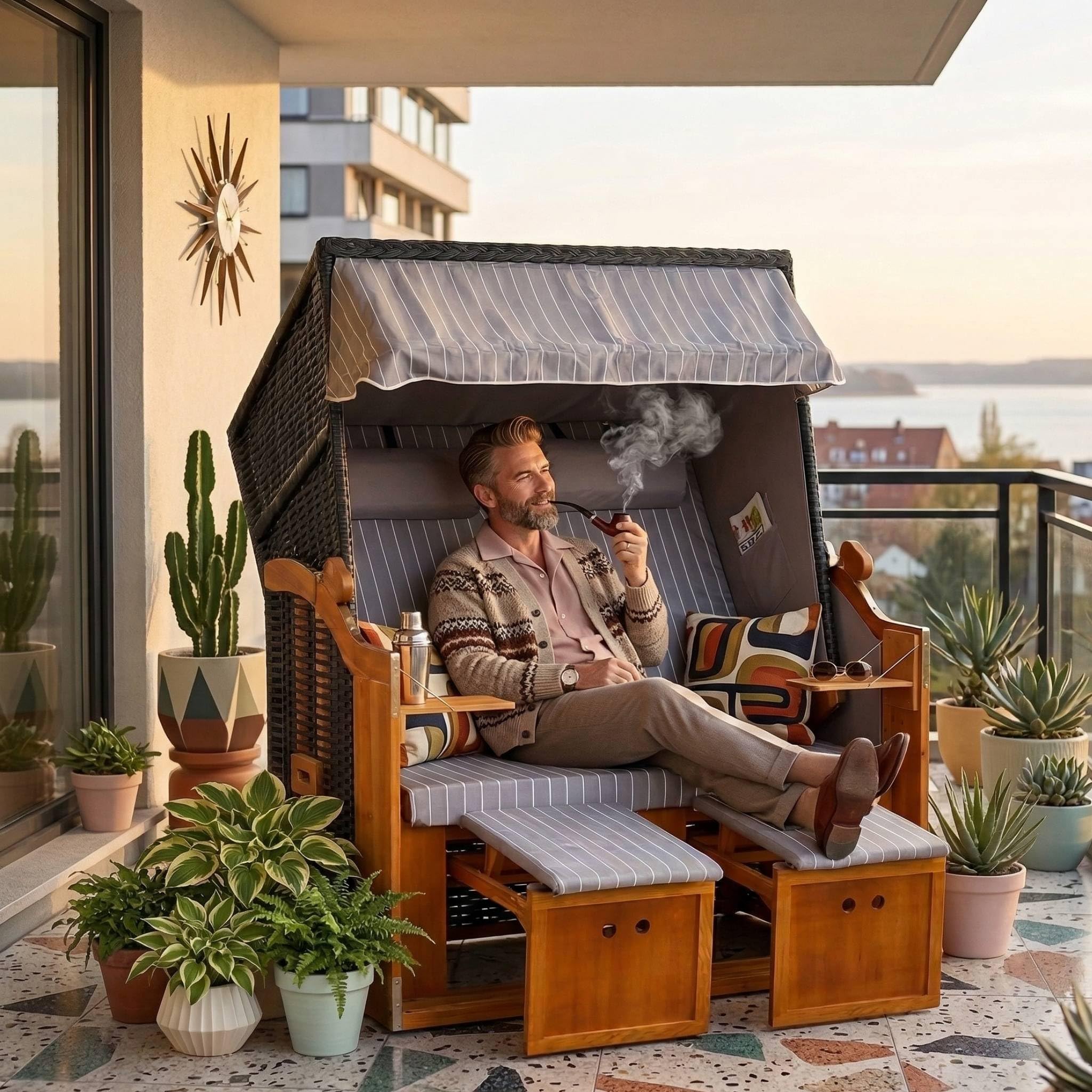 MR. DEKO Chaise de Plage en polyéthylène tressé avec 4 Coussins de Plage et 4 Coussins en Bois Dur et rotin synthétique pour Jardin, terrasse Motif Royal Gris.