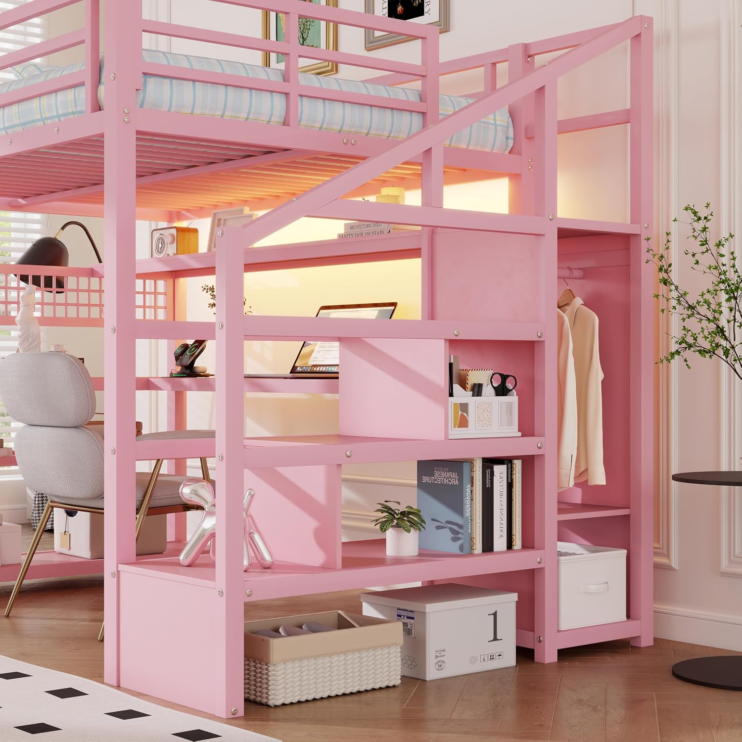 Full Size Loft Bed with Desk and Storage Shelves,Metal Loft Bed with Staircase and Wardrobe,High Loft Beds with LED Lights and Charge Station for Kids and Teens(Pink)