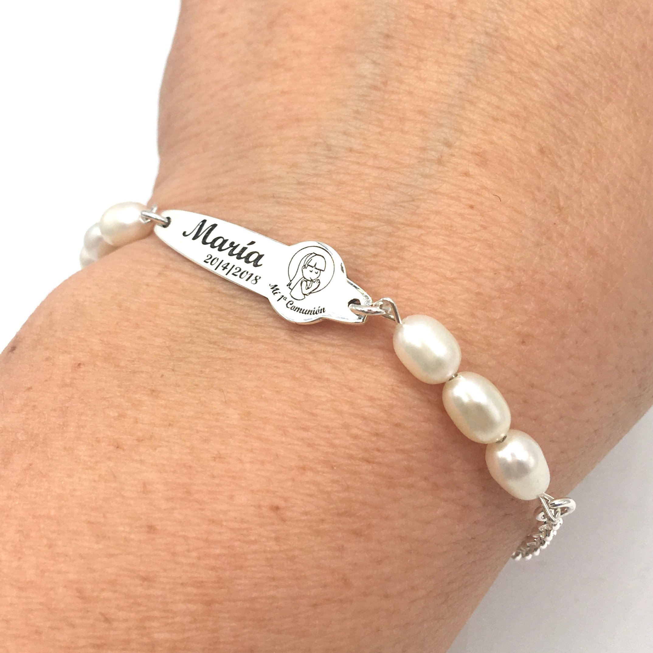 ESCLAVA DE COMUNION PERSONALIZADA DE PERLAS Y PLATA DE LEY,925/1000 - MASBARATA.ES