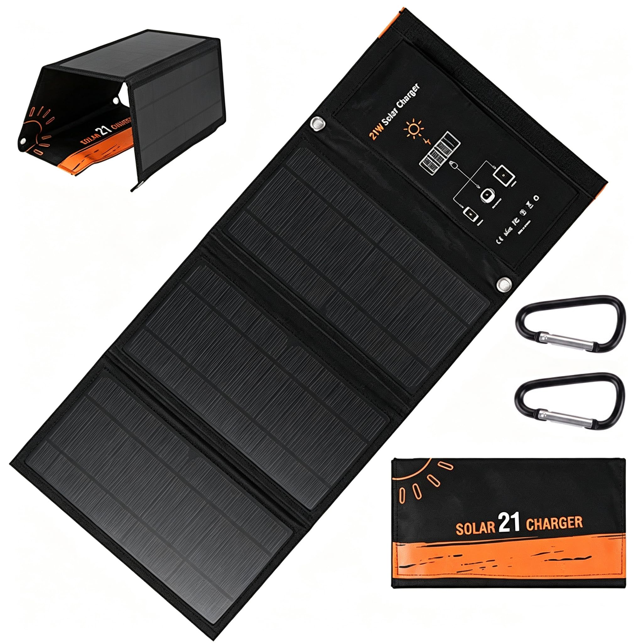 Panel solar portátil plegable de 21 W, IP65, paneles solares impermeables, 23% de alta eficiencia, cargador rápido, puertos USB duales para camping, senderismo, mochileros, carga de emergencia