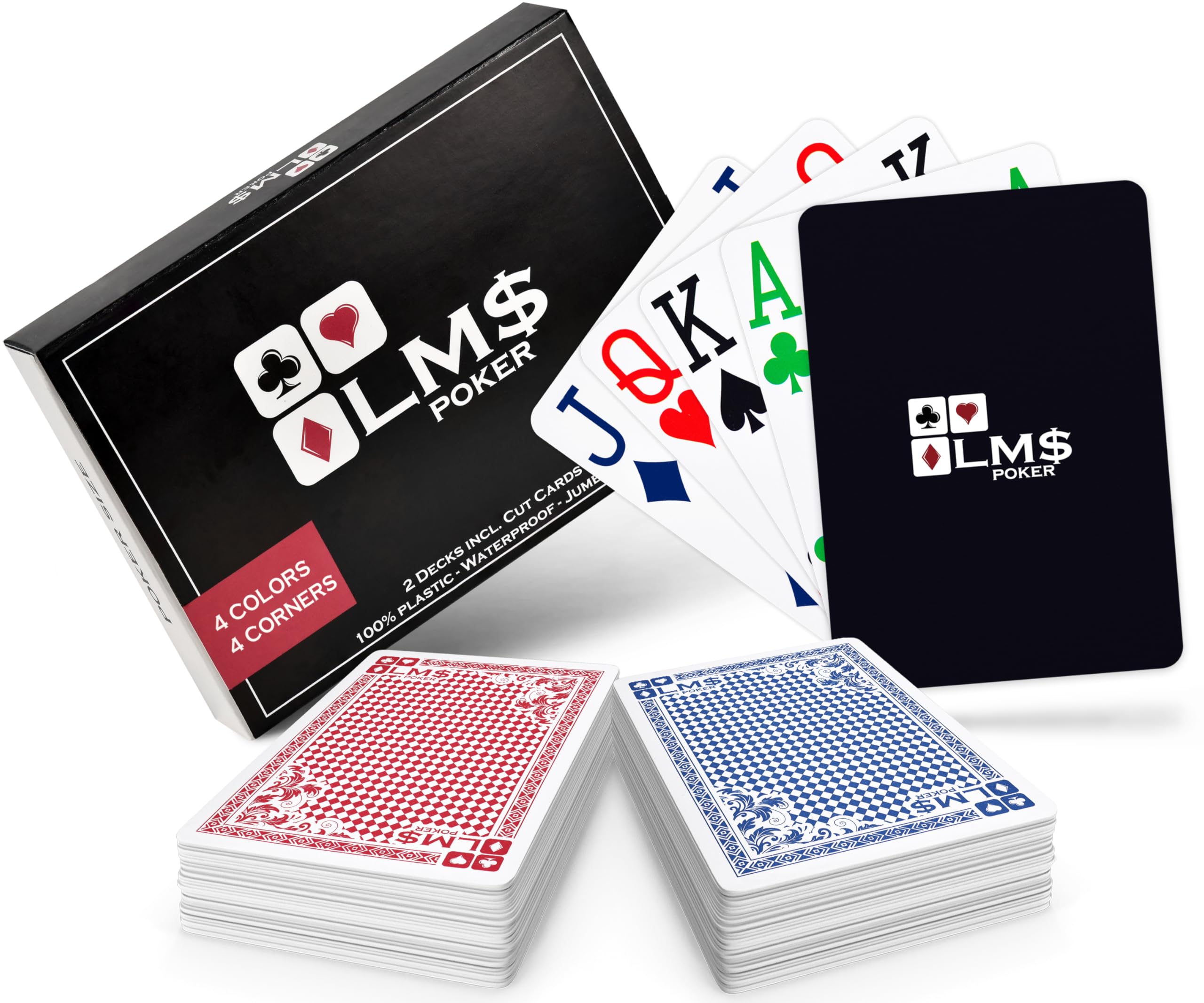 Poker Cards Plastic 4 Corner Signs 4 Colours with Cut Card - [2 x] High Quality Poker Cards 54 Sheets - Waterproof and Sturdy Professional Playing Cards in Double Pack - Plastic Cards with Jumbo Index