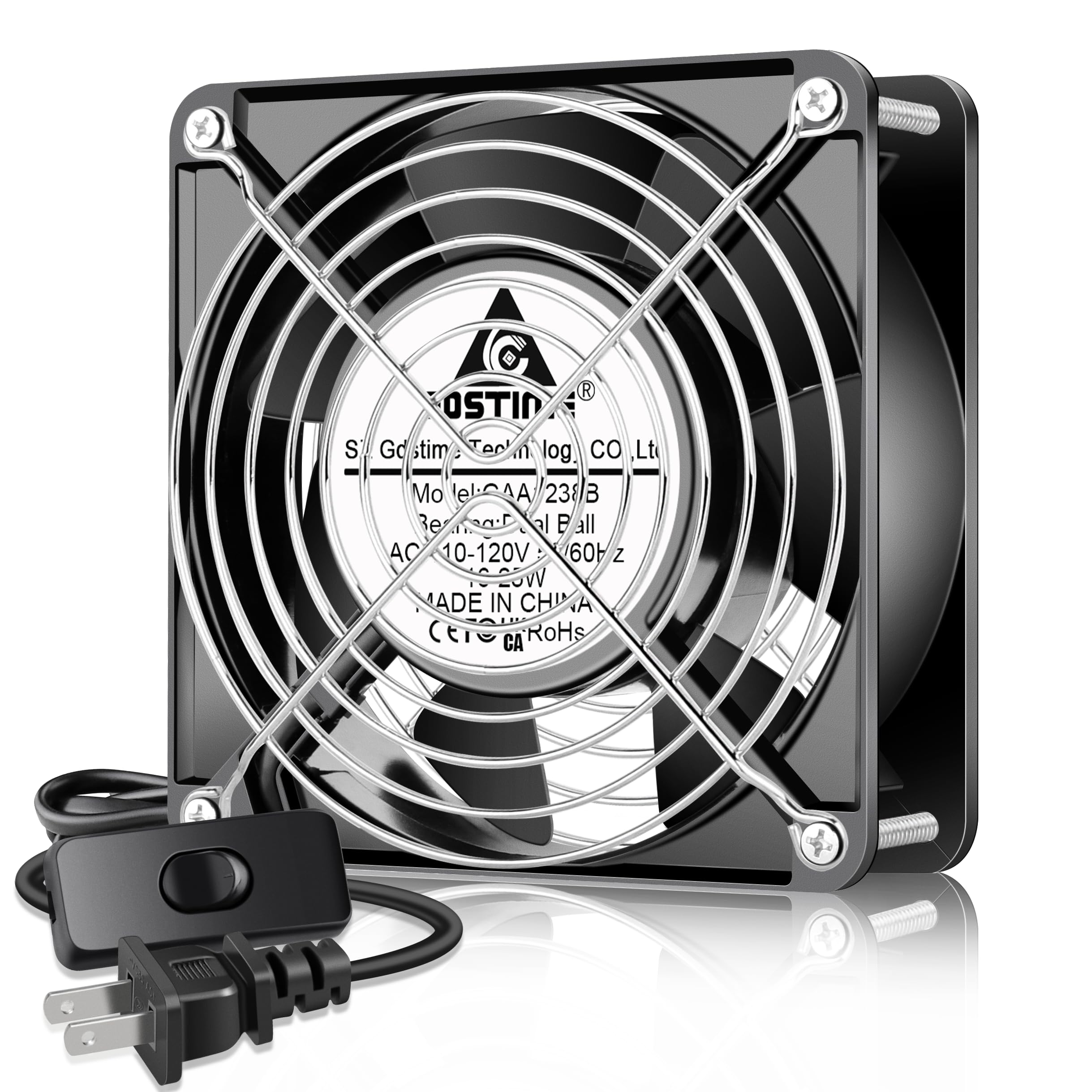 GDSTIME AXIAL Fan 12038, 110V 120V AC 120mm x 38mm Dual Ball Bearing High CFM with Swtich Power Cord for DIY Cooling Ventilation Exhaust Projects
