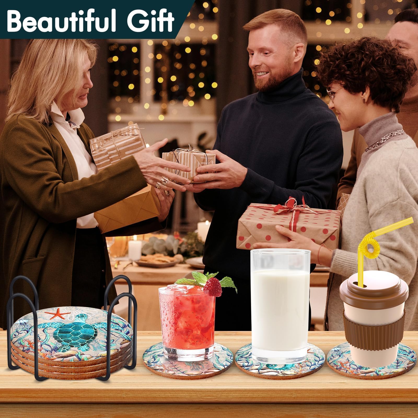 Set di 6 sottobicchieri blu con paesaggio marino di ocena per bevande, in ceramica, con supporto, assorbente, rotondo, in pietra, sottobicchieri, per cucina, decorazione della casa, regalo di