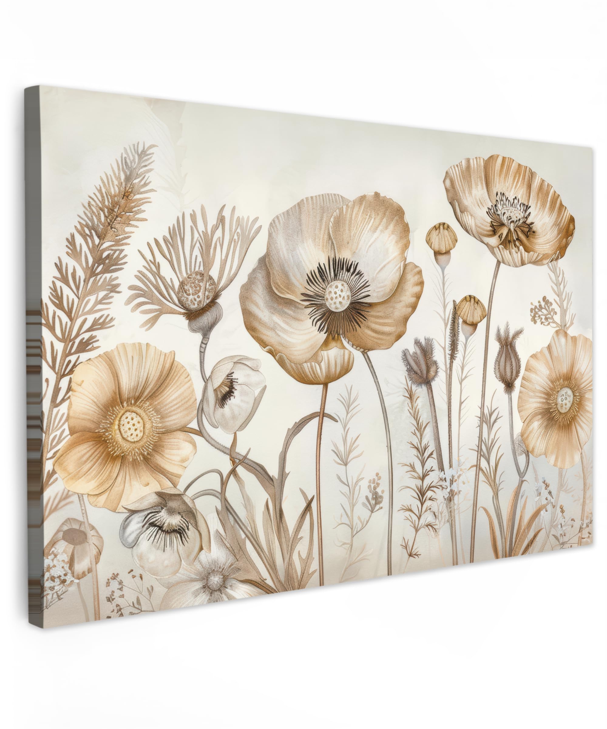 MuchoWow© Canvas Wall Art 35"x24" / 90x60 cm Decor Paintings Prints framed on Canvas Decorations Wallart Flowers - Beige - Nature - Illustration