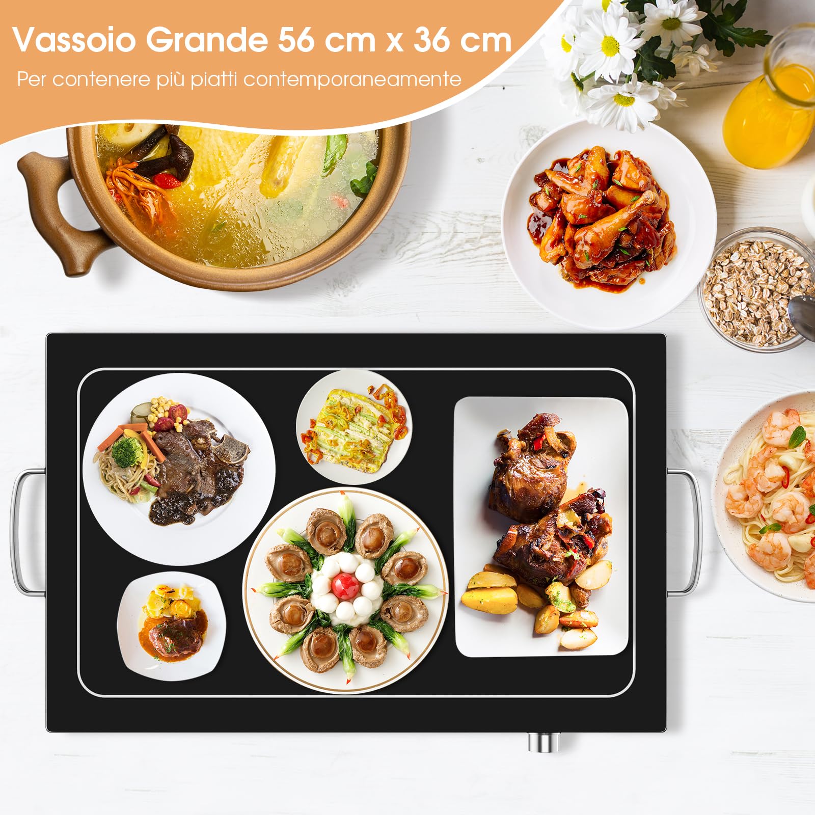 GYMAX Vassoio Scaldavivande Elettrico, Scaldavivande con Temperatura Regolabile in Acciaio Inox, Scaldavivande per Buffet con Superficie in Vetro e Maniglie Fredde, 56 x 36 cm