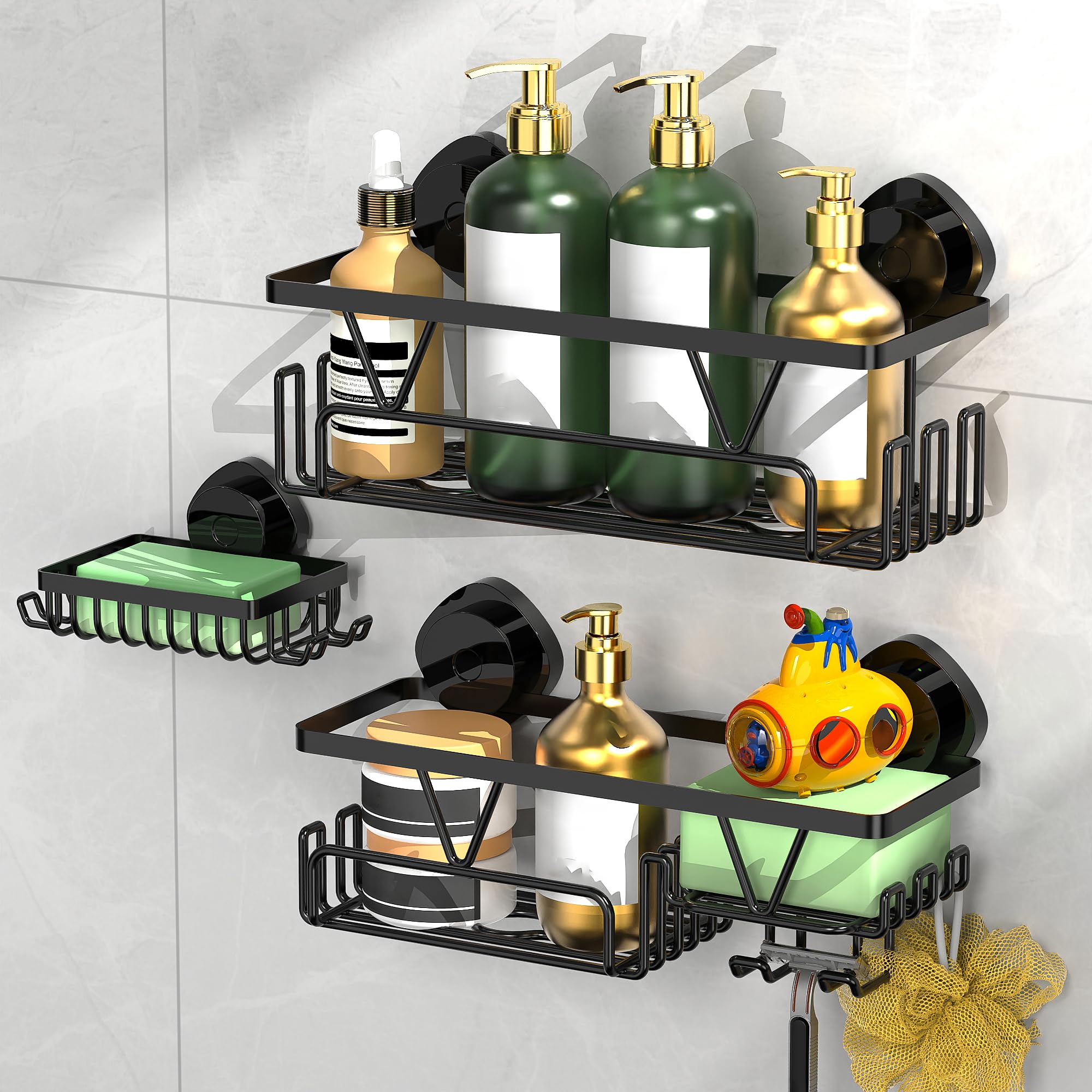 ZUNTO Suction Cup Shower Caddy - 3pcs Reusable Shower Shelf Organizers with Soap Holder and Hooks - No