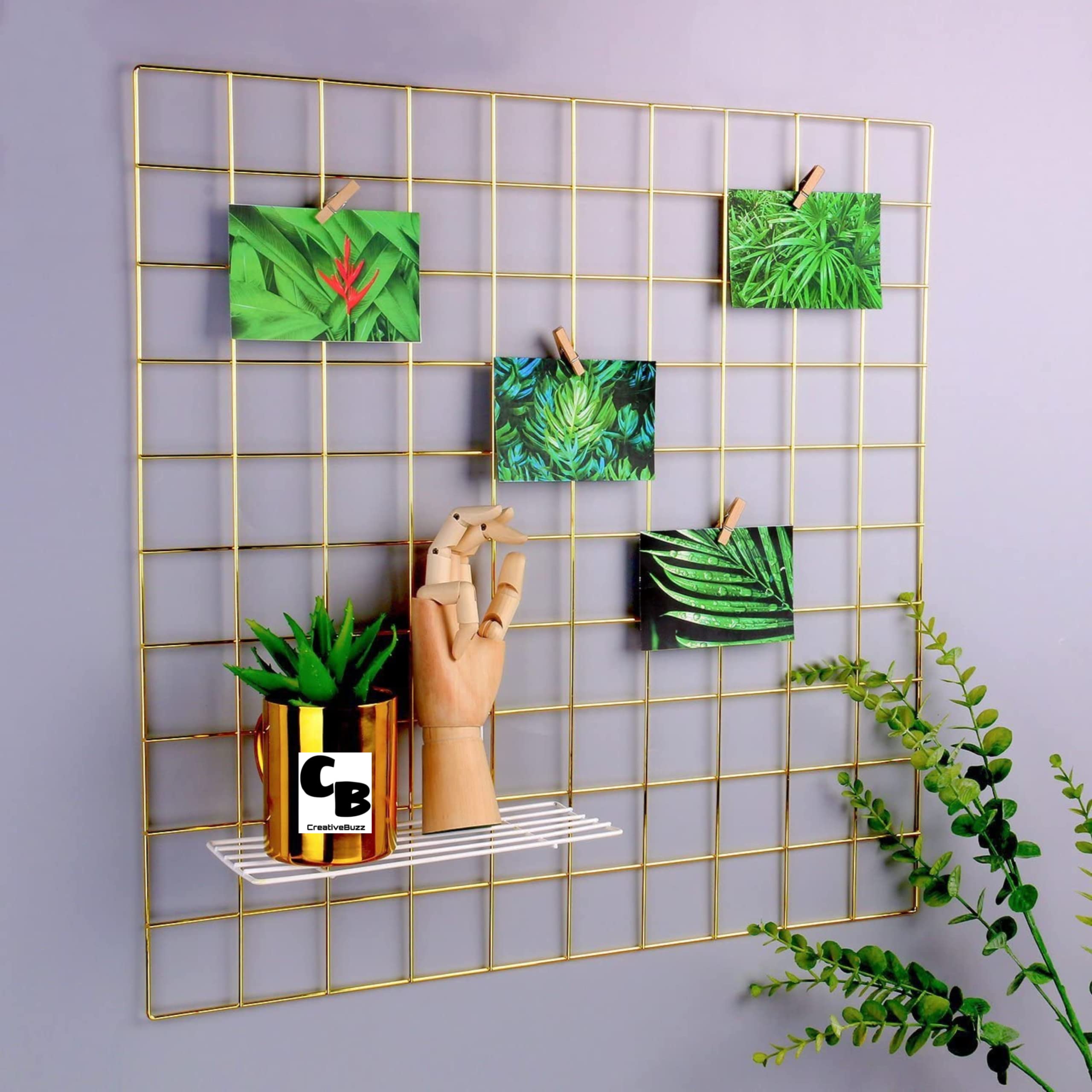 Steel Wall Grid Photo Frame for Wall with 10 Wooden Deginer Clips | DIY Metal Wire Grid Wall Organizer | Aesthetic Photo Display Frame, Memo Board & Room Wall Décor for Home, Bedroom & Office (Gold, 65x45cm)