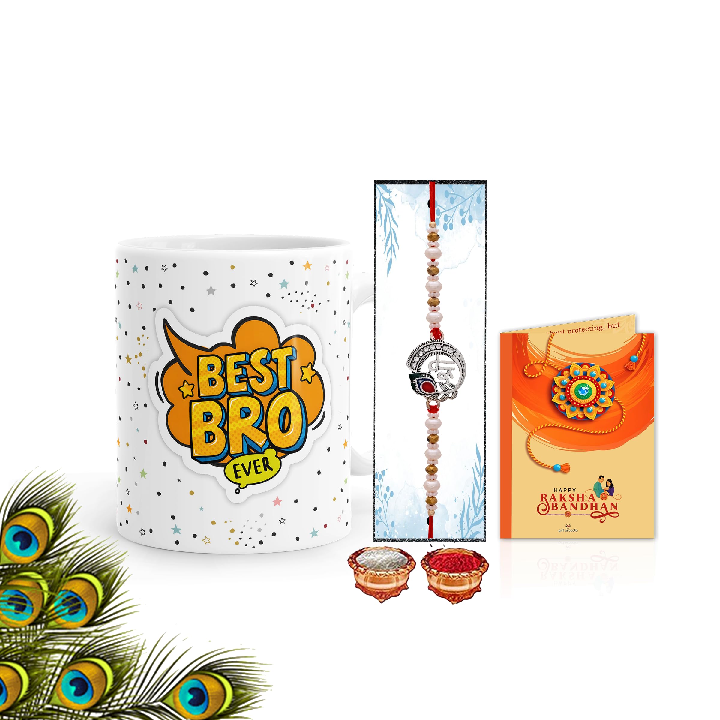 Gift Arcadia Rakhi for Brother with Printed Ceramic Mug Combo |Pack of 4 (Greeting Card, Roli Chawal, Rakhi, Printed Mug) | Best Gift for Brother (001)