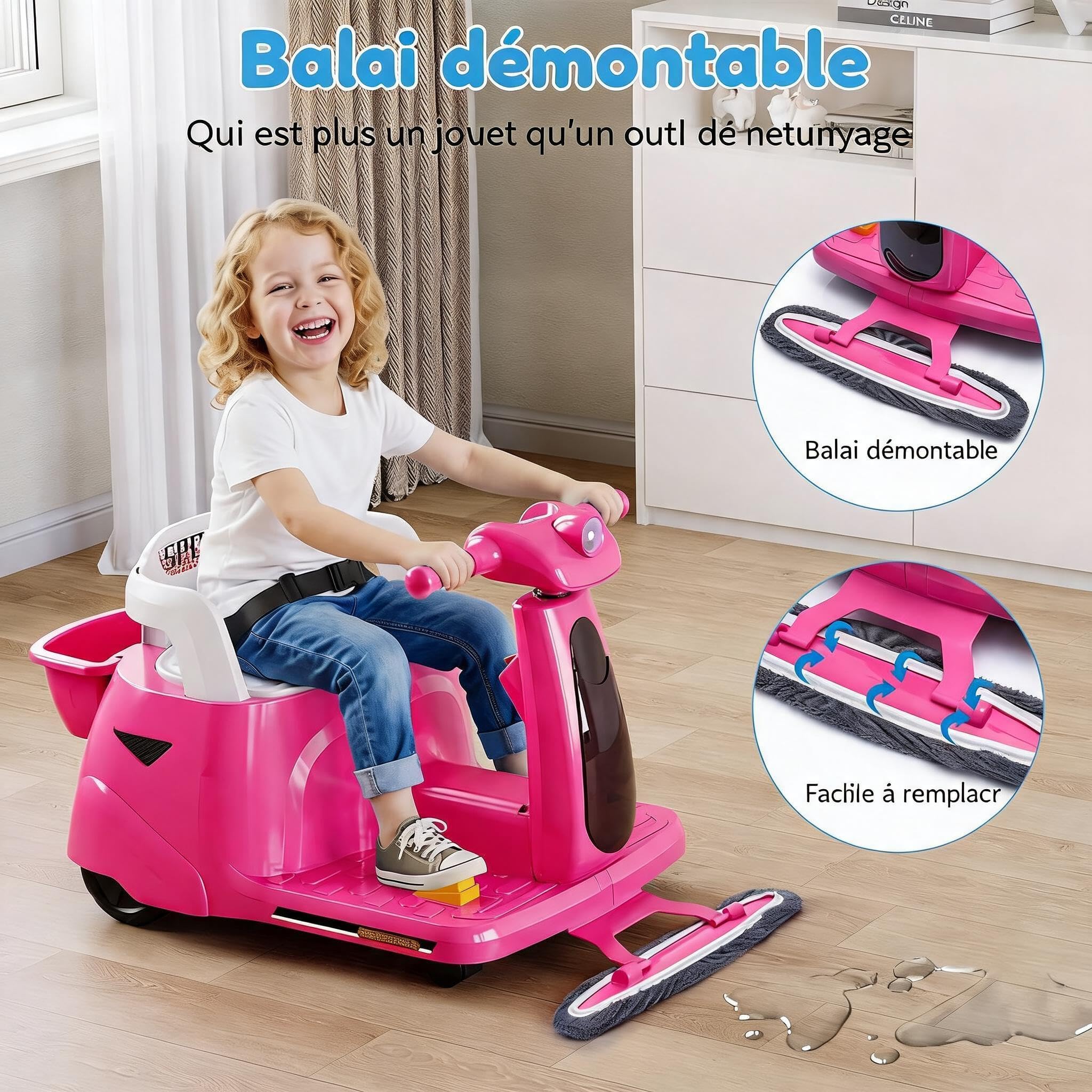 Garvee Kinder Elektroauto 2, in, 1 mit Wischmopp, 12V, Eltern, LED, Lichter | Batterieauto Spielzeugfahrzeug, Fernbedienung, kabellose Verbindung/USB, für Kinder 3, 8 Jahre, Farbe: Rosa
