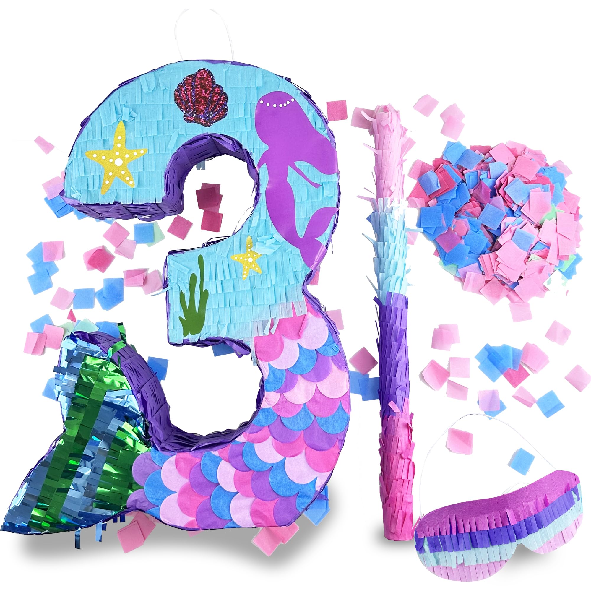 Mermaid Number 3 Pinata, 16 Inch Small Pinata with Stick Blindfold Confetti for Girls Kids 3rd Birthday Party Anniversary Celebration Decoration Supplies