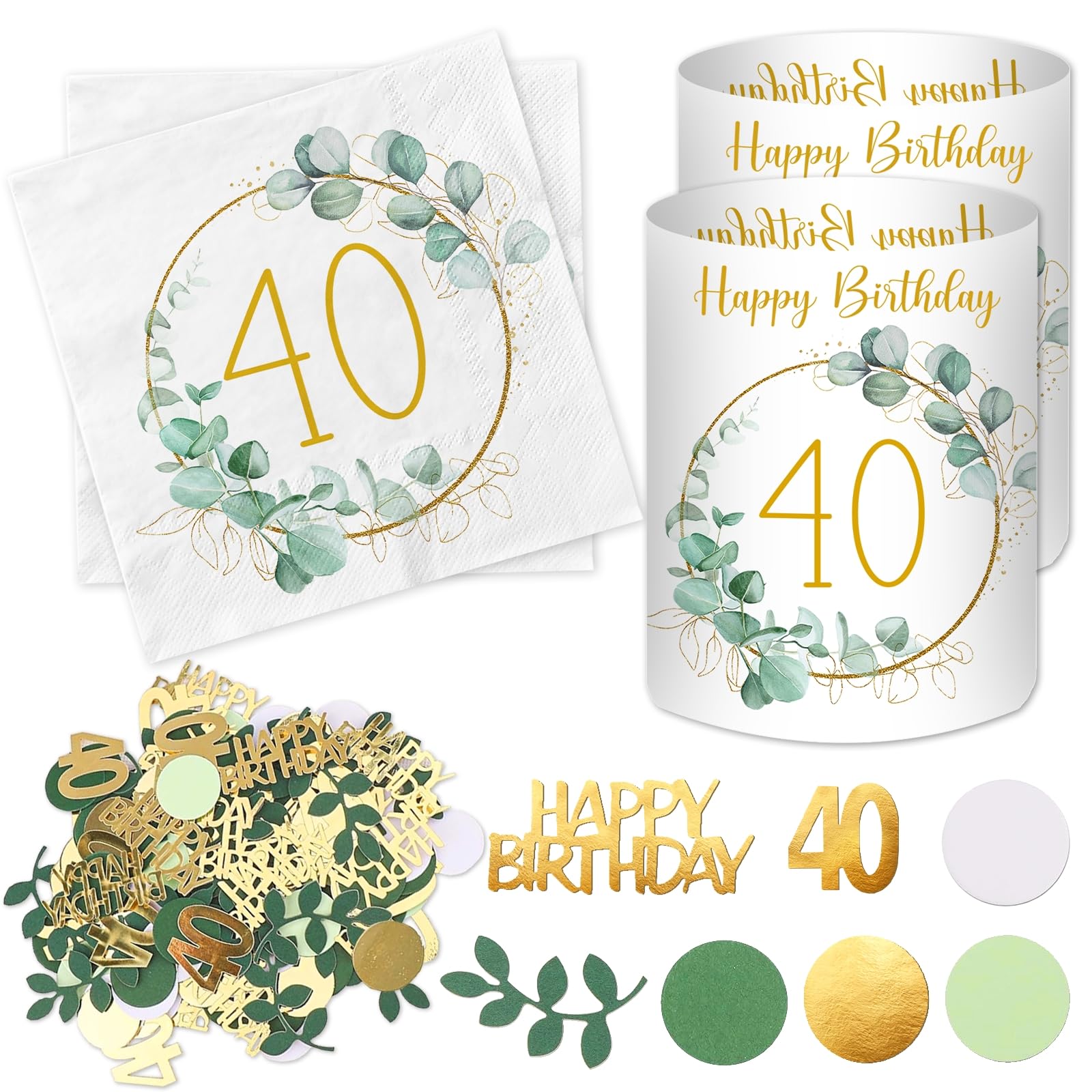 40 stuks servetten 90e verjaardag als tafeldecoratie, verjaardagsservetten eucalyptus goud groen tafeldecoratie 90ste verjaardag vrouw man, cadeaus voor 90e jaar, tafeldecoratie papieren servetten