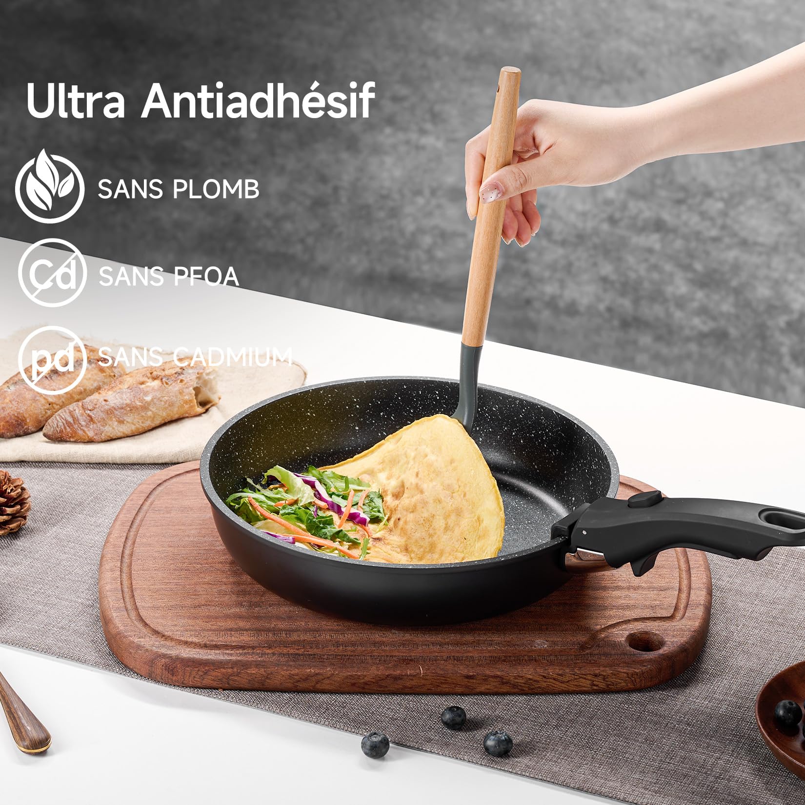 JEETEE Batterie de Cuisine 25 Pièces avec Poignées Amovibles pour Induction | Lot Casseroles et Poêles Antiadhésives, Sans PFOA, Batterie Cuisine Empilable Gain de Place pour Four, Camping et Tout Feux