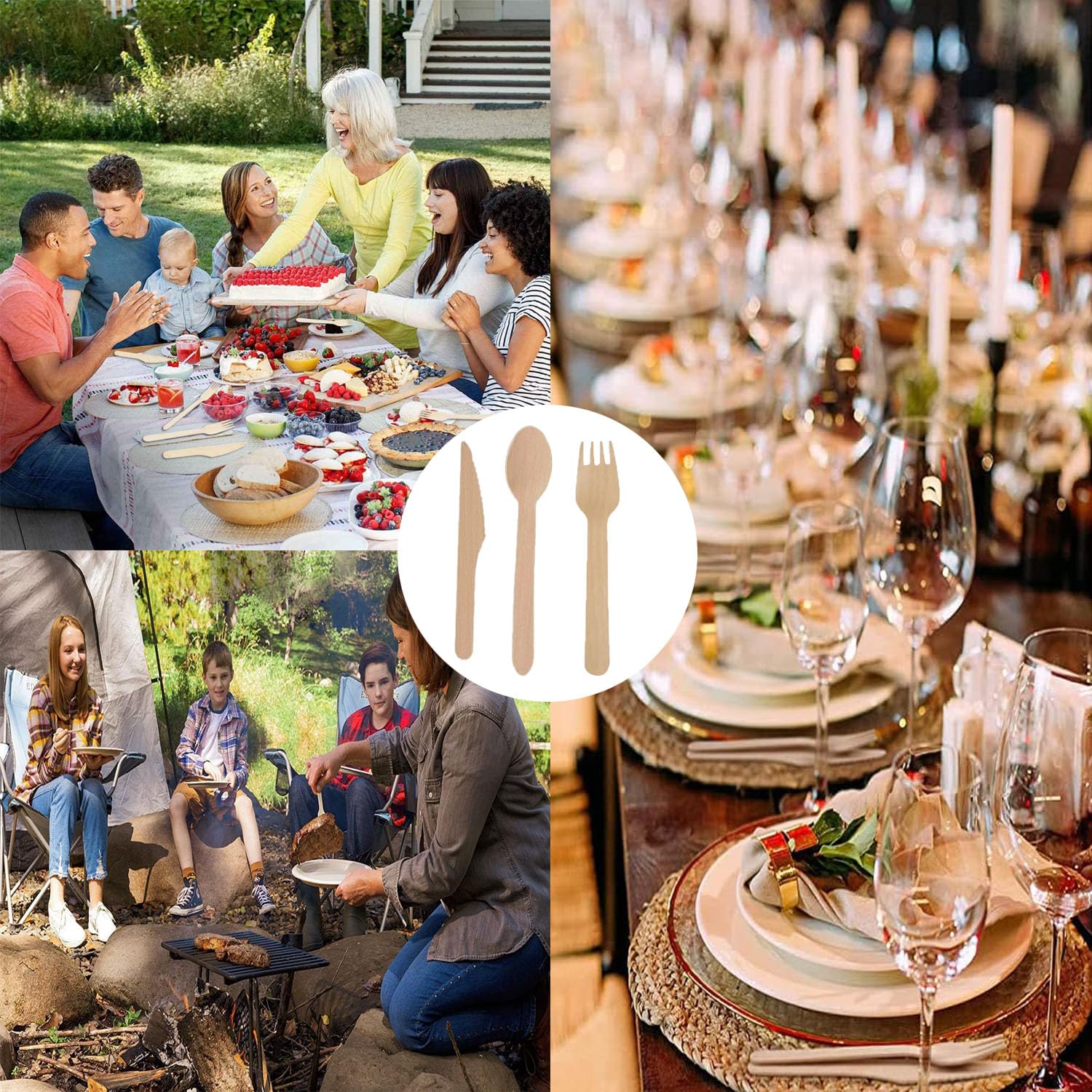 Posate di Legno 300 Pezzi - Set Biodegradabile con Cucchiaio, Coltello e Forchetta per Compleanni, Picnic, Campeggio