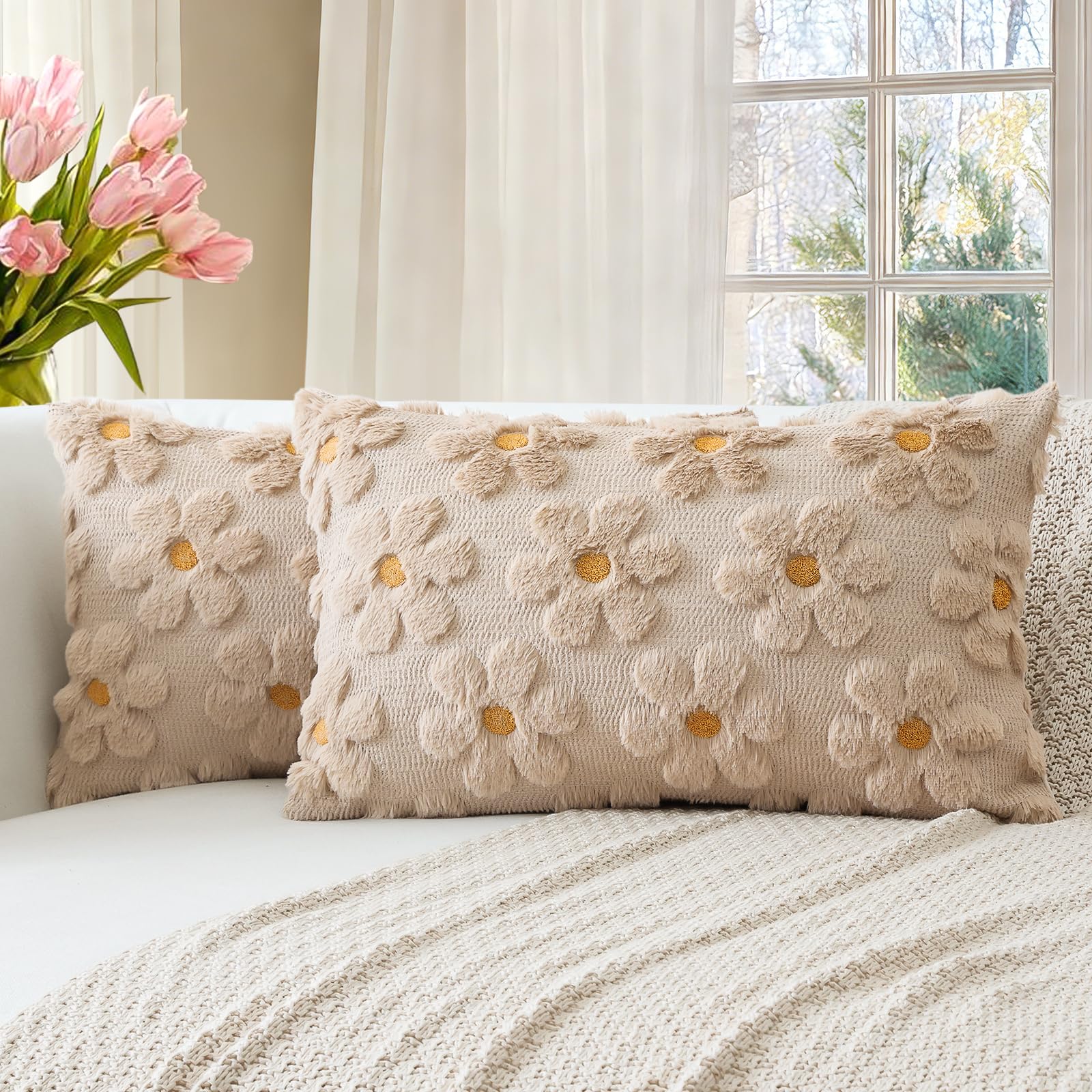 Artscope Spring Summer Cushion Covers Set of 2 Flowers Throw Pillow Covers for Sofa 30x50cm Lumbar Seasonal Soft Plush Short Wool Velvet Cushion Case Holiday Decor Beige Brown