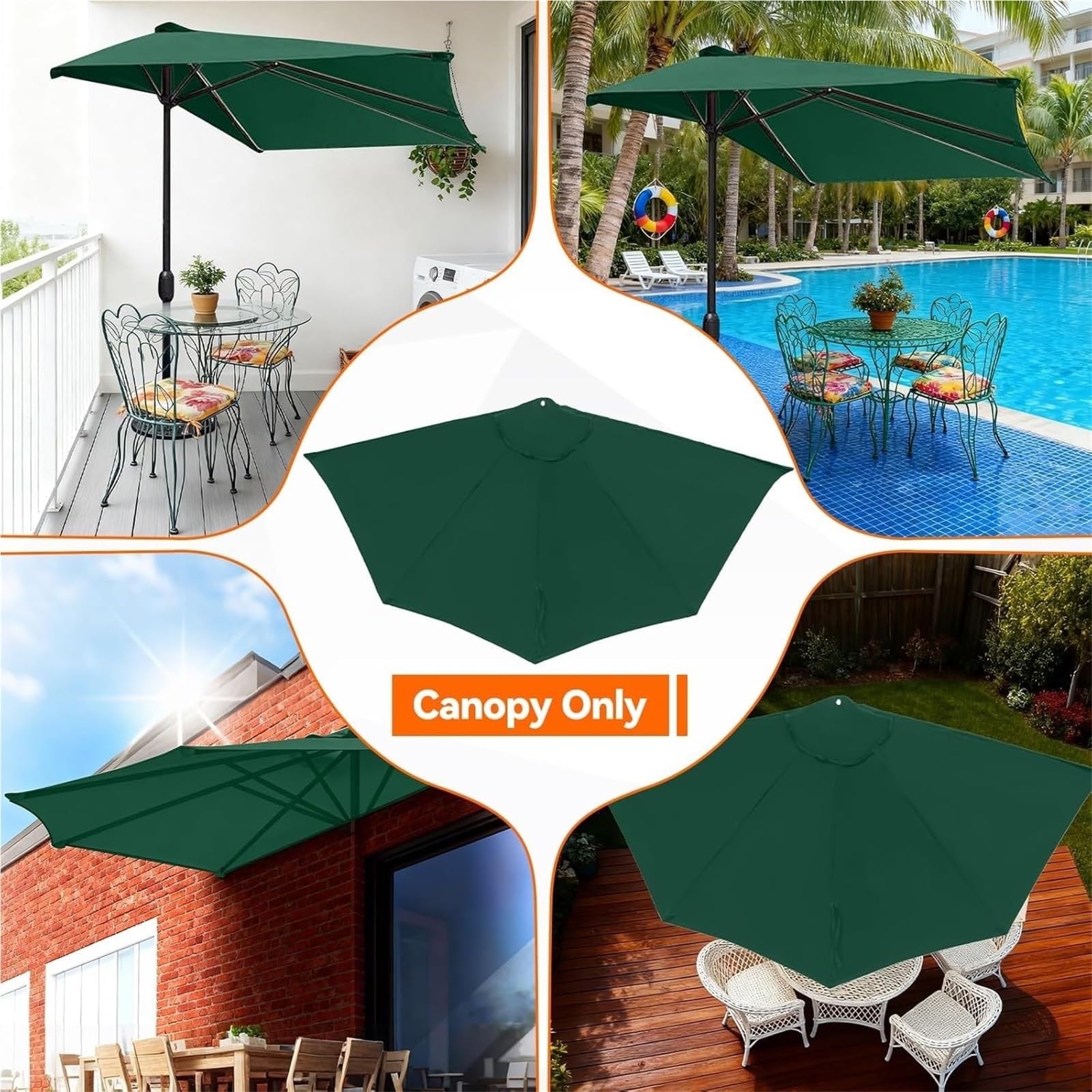 Demi-Parasol Toile de Rechange 270/300cm 5 Baleines, Tissu Imperméable pour Parasol de Jardin Terrasse Balcon, Housse de Remplacement Extérieur(O2,10ft/300cm)