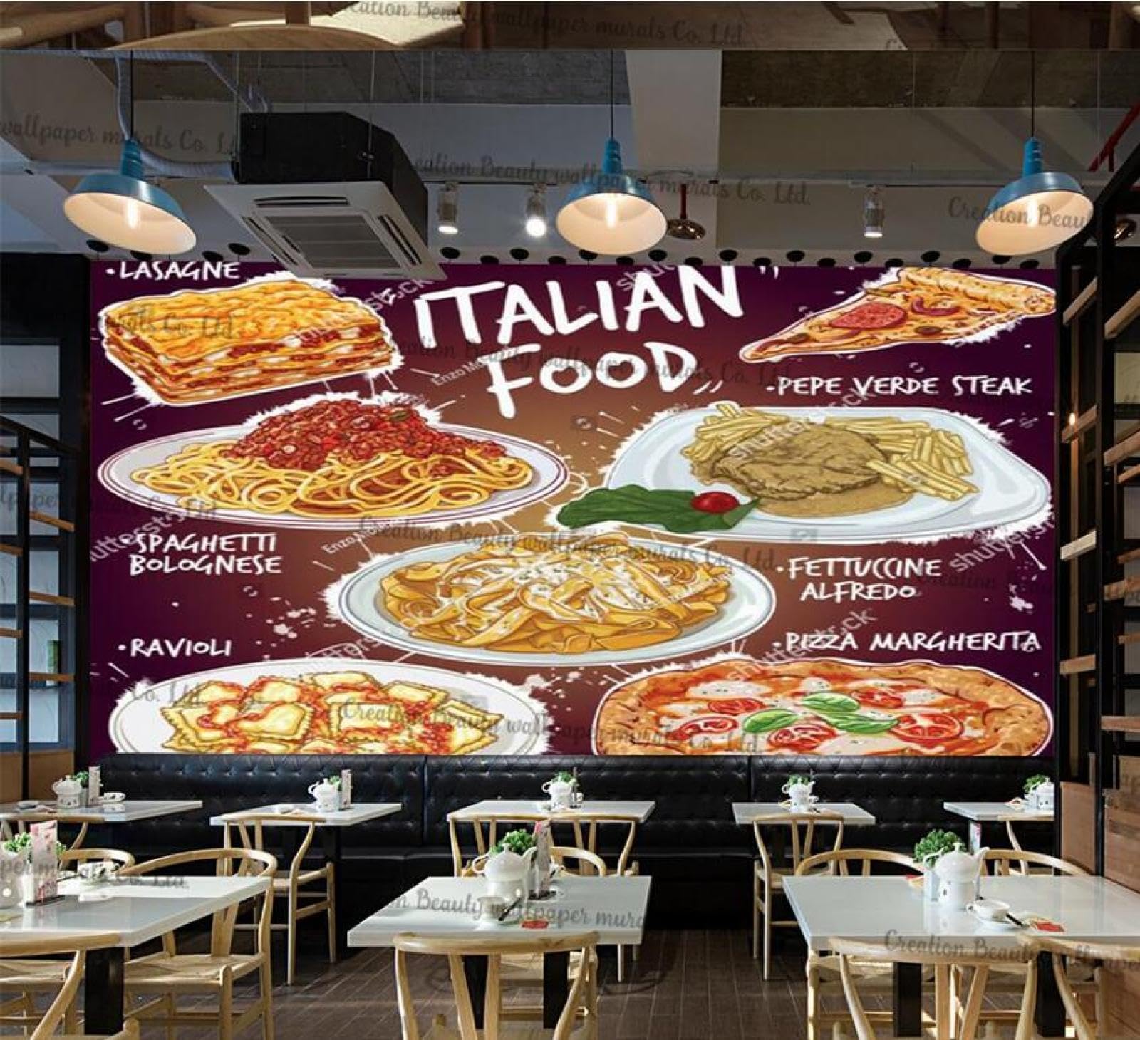 Tapete Benutzerdefinierte 3D Fototapete Home Decorhandbemalte Italienische Küche,Industrielles Dekor,Individuelle Wandtapete,Pizza,Margherita Und Ravioli,Fast-Food-Tapete-300Cmx210Cm