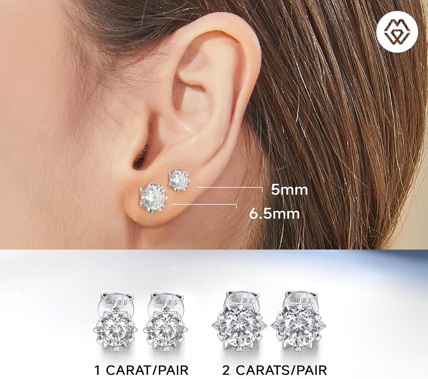 MomentWish Moissanite Earrings, Birthday Gifts for Her, D Color VVS1 Clarity Moissanite Stud Earrings, White Gold Plated 925 Sterling Silver Studs Jewelry for Women Men - Image 3