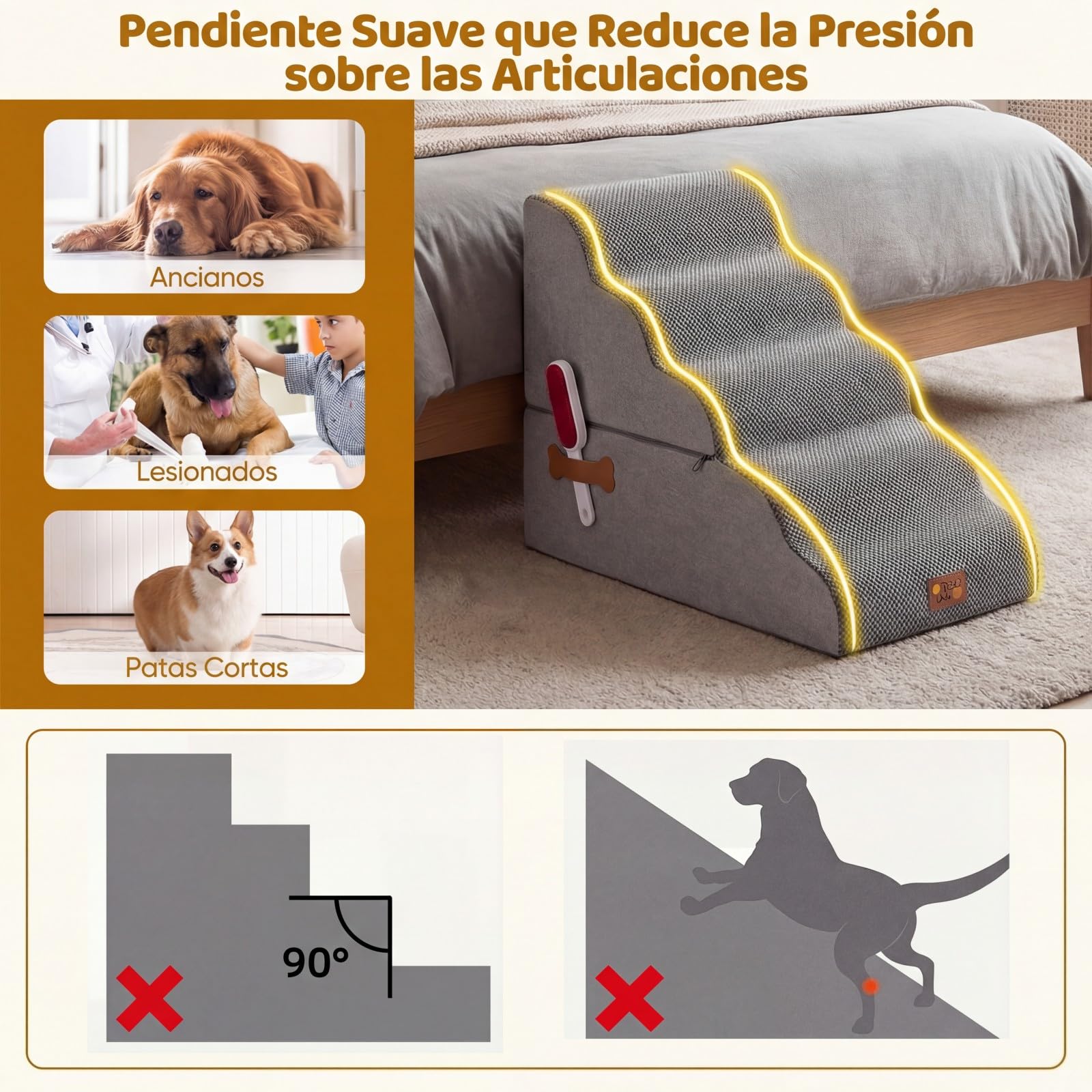 COSTWAY Escalera para Perros 4 Peldaños de Espuma, Rampas Rerros Transformables de Alta Densidad con Base Antideslizante, Funda Lavable, Rodillo Quita Pelusas, para Sofás y Camas (85 x 40,5 x 56 cm)