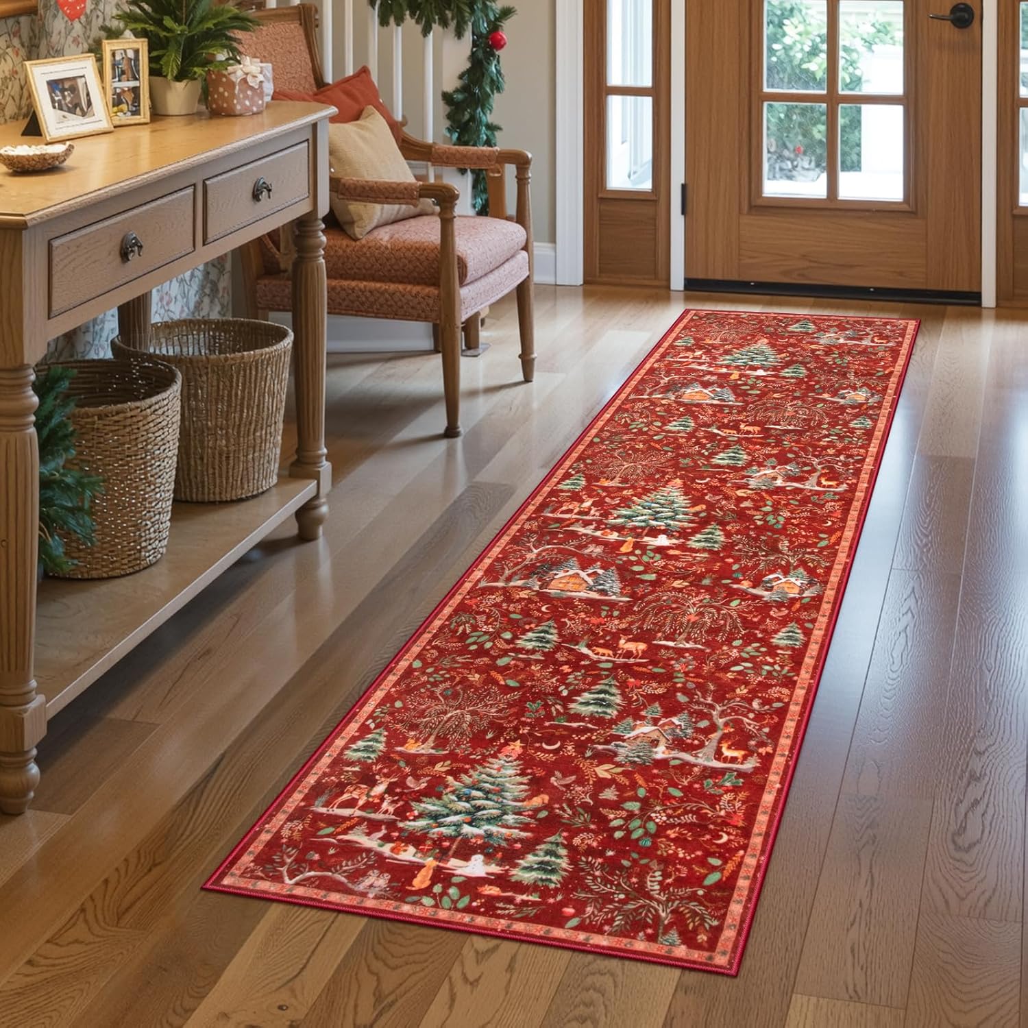Lahome Christmas Hallway Runner Rug 2x8, Non Slip Soft Long Kitchen Carpet Runner, Washable Low Pile Xmas Tree Carpet Runner for Entryway Bathroom Holiday Winter Decor, Red