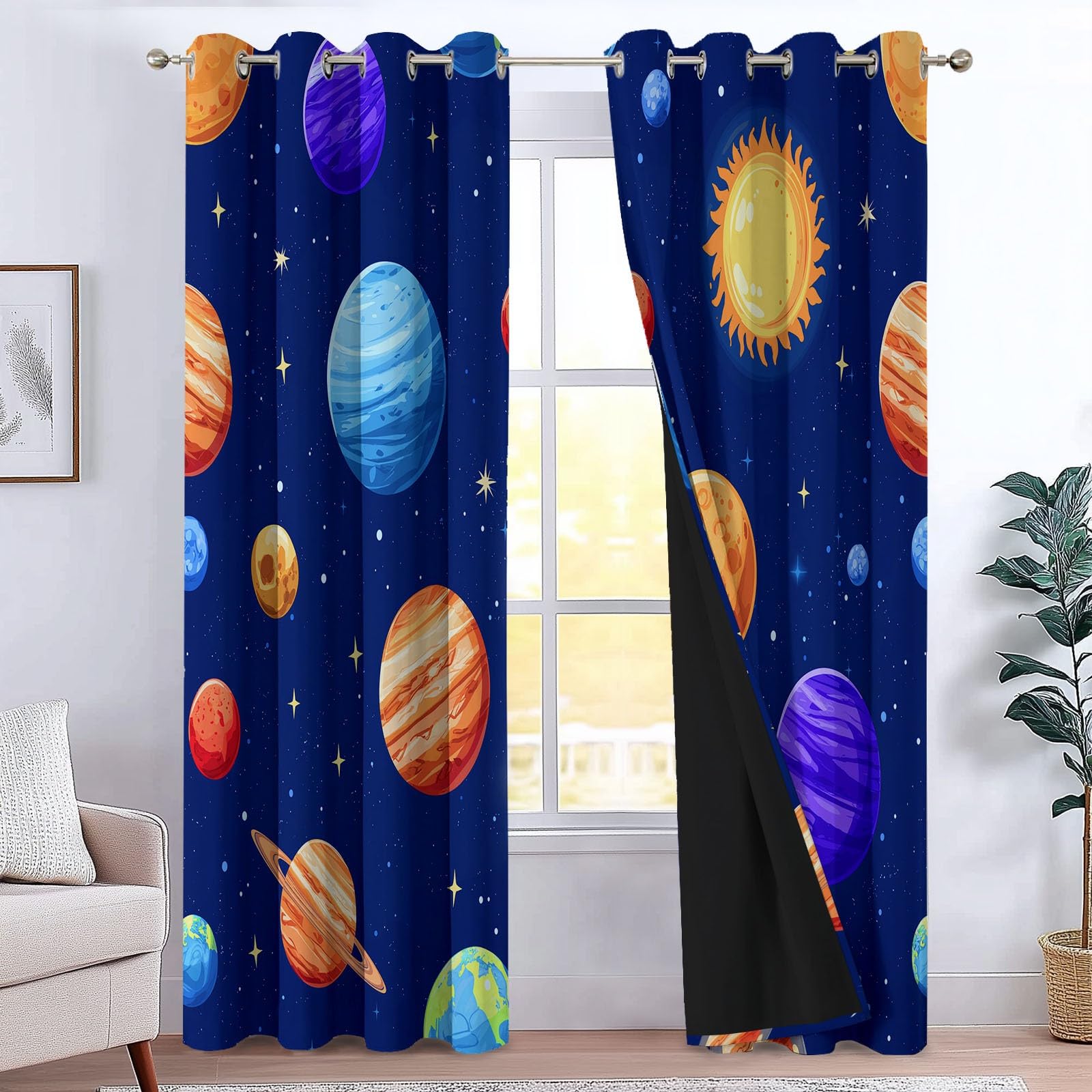Générique Zasłony izolowane termicznie, 140 L x 260 H cm, zestaw 2 zasłon z kreskówkowym systemem słonecznym, z przelotkami, zaciemniające, redukcja hałasu, do sypialni i salonu, granatowe