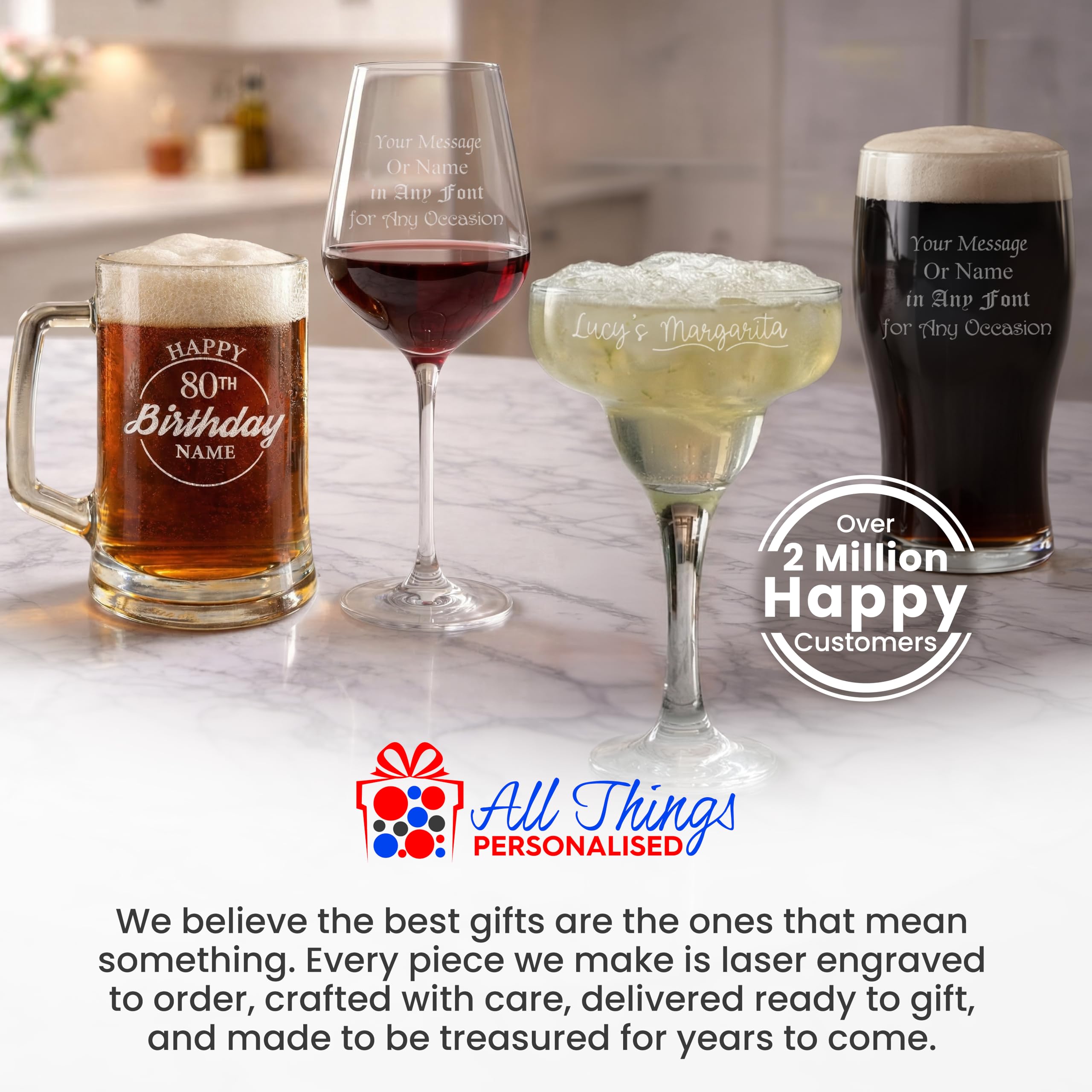 All Things Personalised Calice Vino Personalizzato 450ml - Bicchiere Vino per Compleanno, Matrimonio e Altro - Personalizzabile con Nome e Messaggio - Confezione Regalo, Incisione al Laser