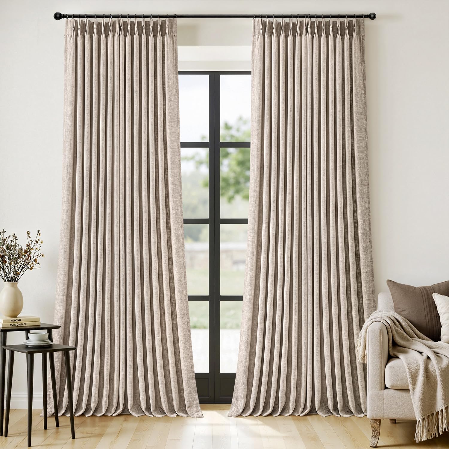 MIULEE Pinch Pleated Thick Linen Curtains 102 Inches Long 2 Panels for Living Room Bedroom, Pinch Pleat Drapes Back Tab Memory Trained Rustic