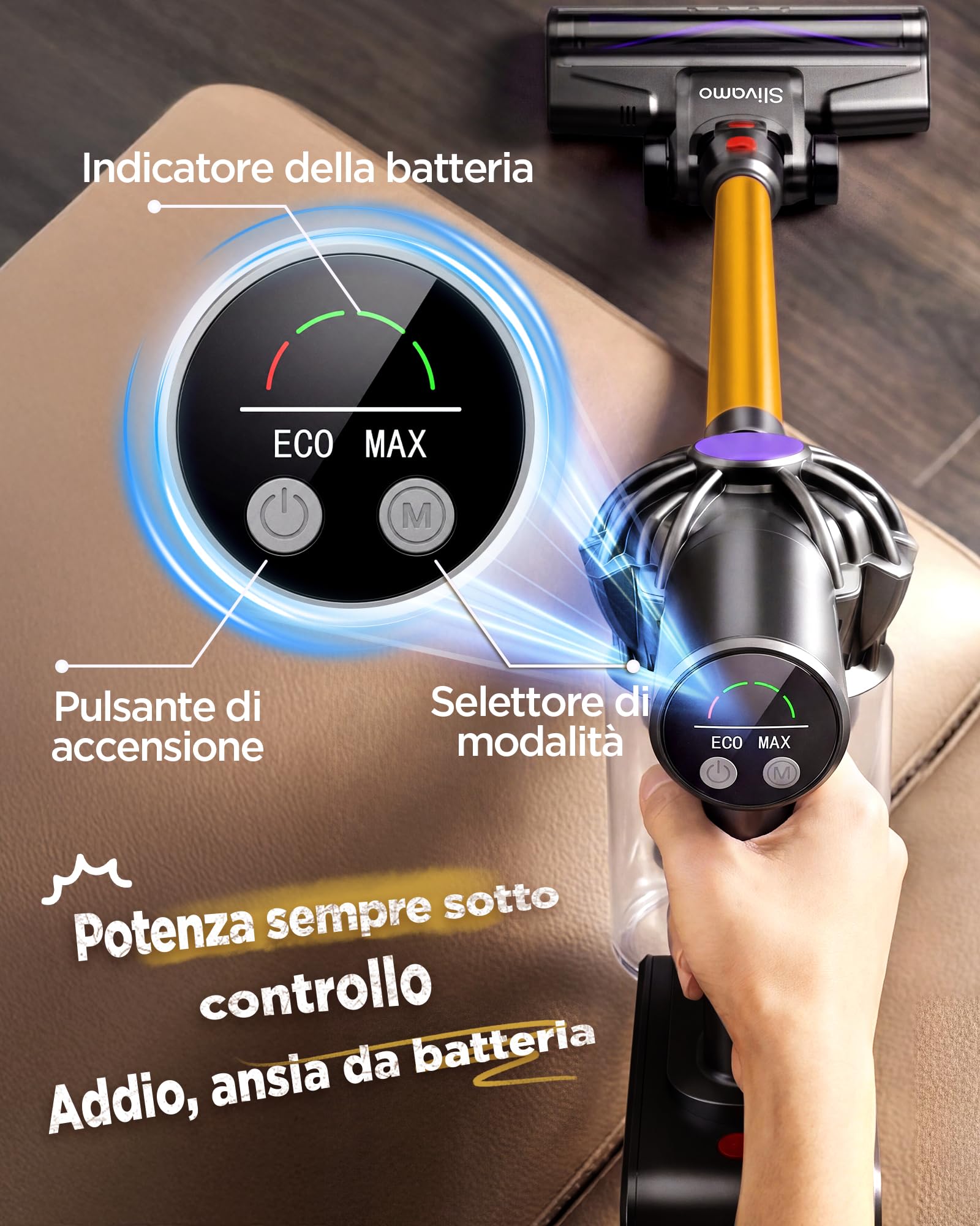S16 Aspirapolvere Senza Fili, 50kPa/600W/45min, Batteria Rimovibile, Scopa Elettrica Leggero con Luce LED Verde, Autoportante, per Peli Di Animali/Pavimenti Duri, Arancione