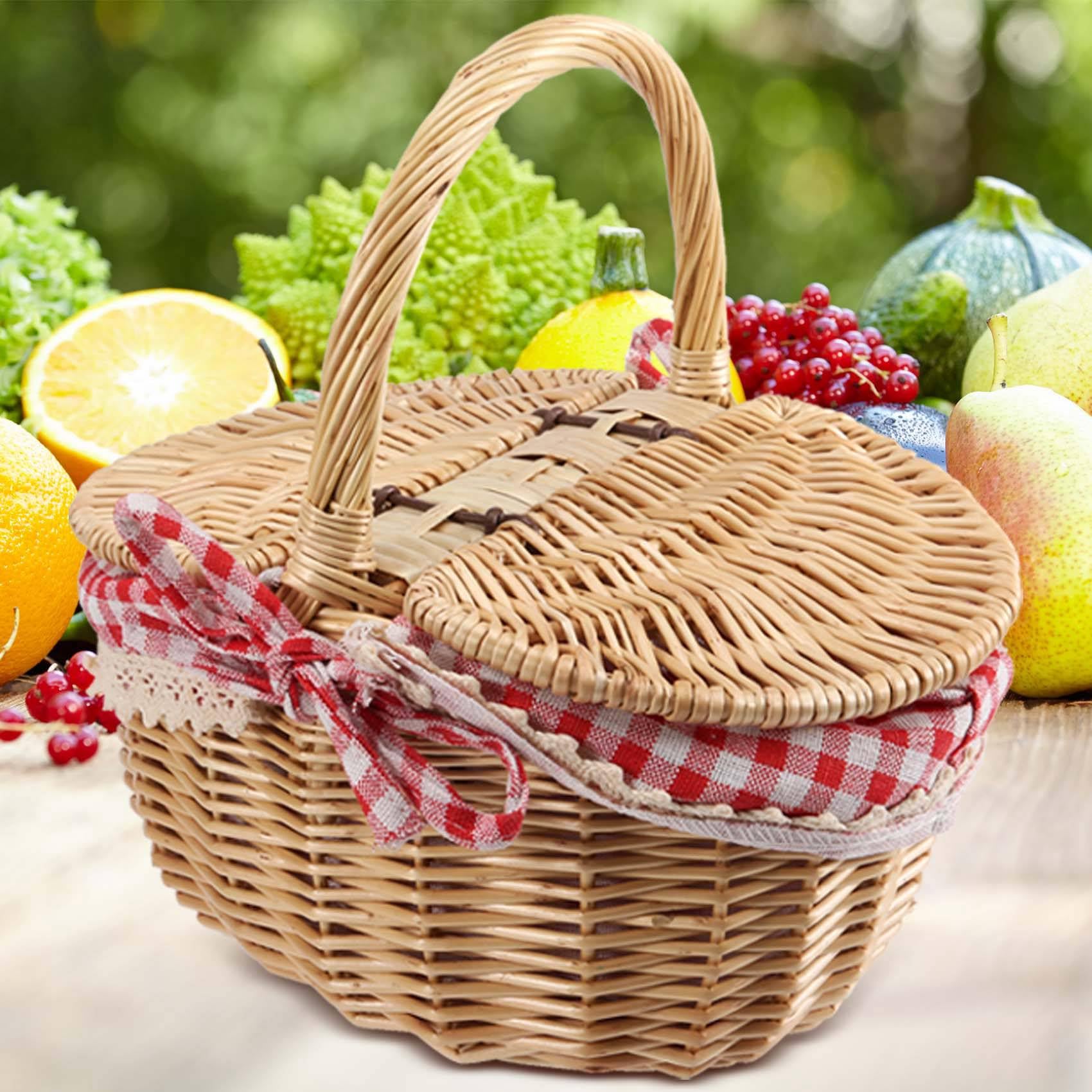 10X Panier de Panier de Pique-Nique en Osier de Style Campagnard avec Couvercle et Poignée et Doublures pour Pique-Niques, Fêtes et Barbecues