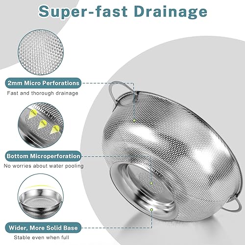 Miniatura 4 de Pleafind Colador de acero inoxidable 188 para cocina, 5 cuartos de galón y 3 cuartos de galón, colador de metal microperforado con asa, colador de