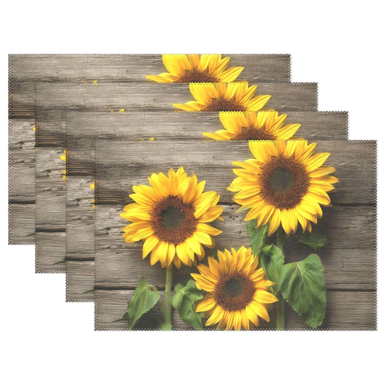 Wamika Beautiful Sunflowers Placemats Set of 4 Wood Board Florals Table Mats Spring Summer Autunm Place Mats for Kitchen Dining Decor Heat Resistant