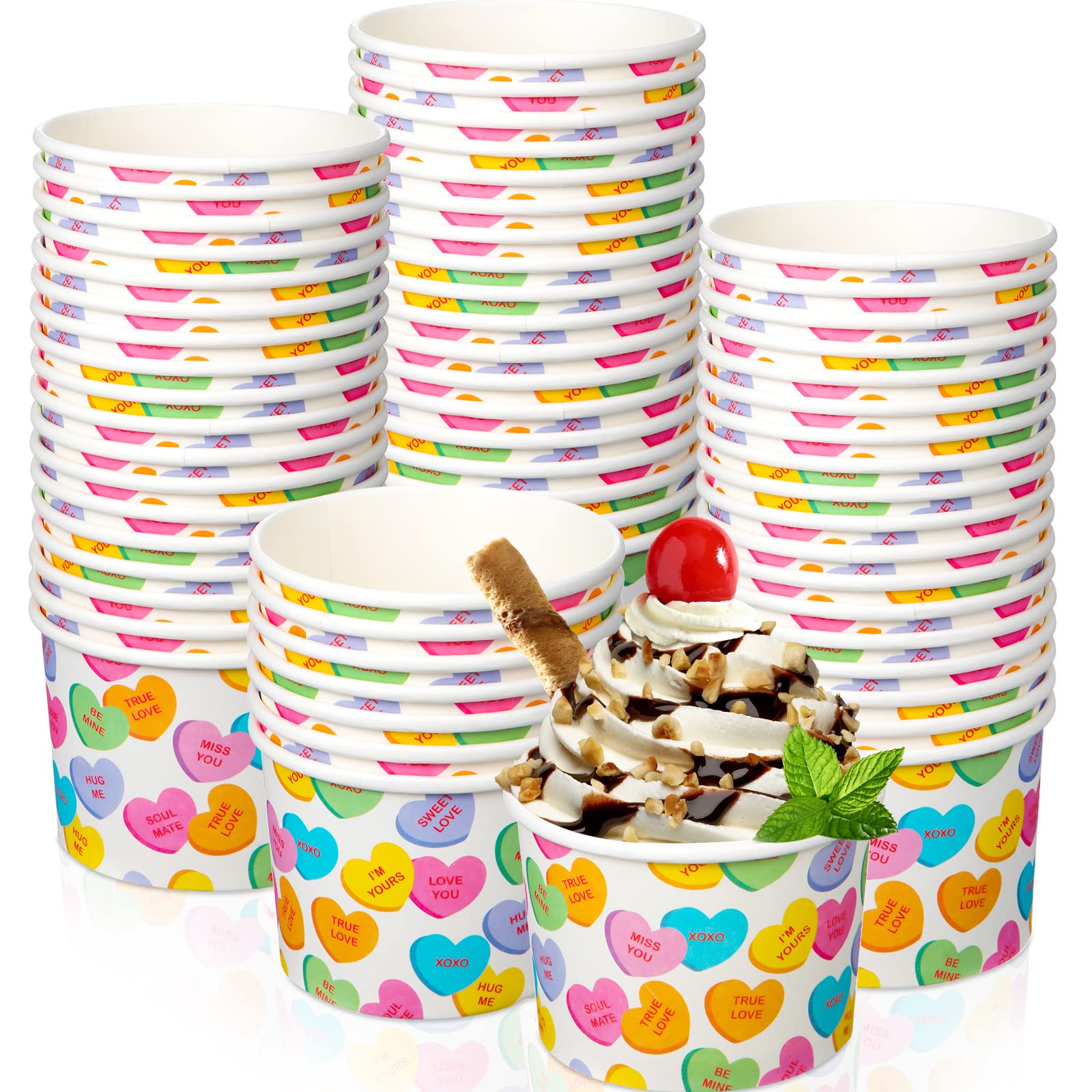 Shellwei 50 Pack 9 oz Valentine's Day Ice Cream Cups Bulk Heart Disposable Dessert Bowls Paper Soup Bowls Valentine's Day Paper Snack Cups for Hot or
